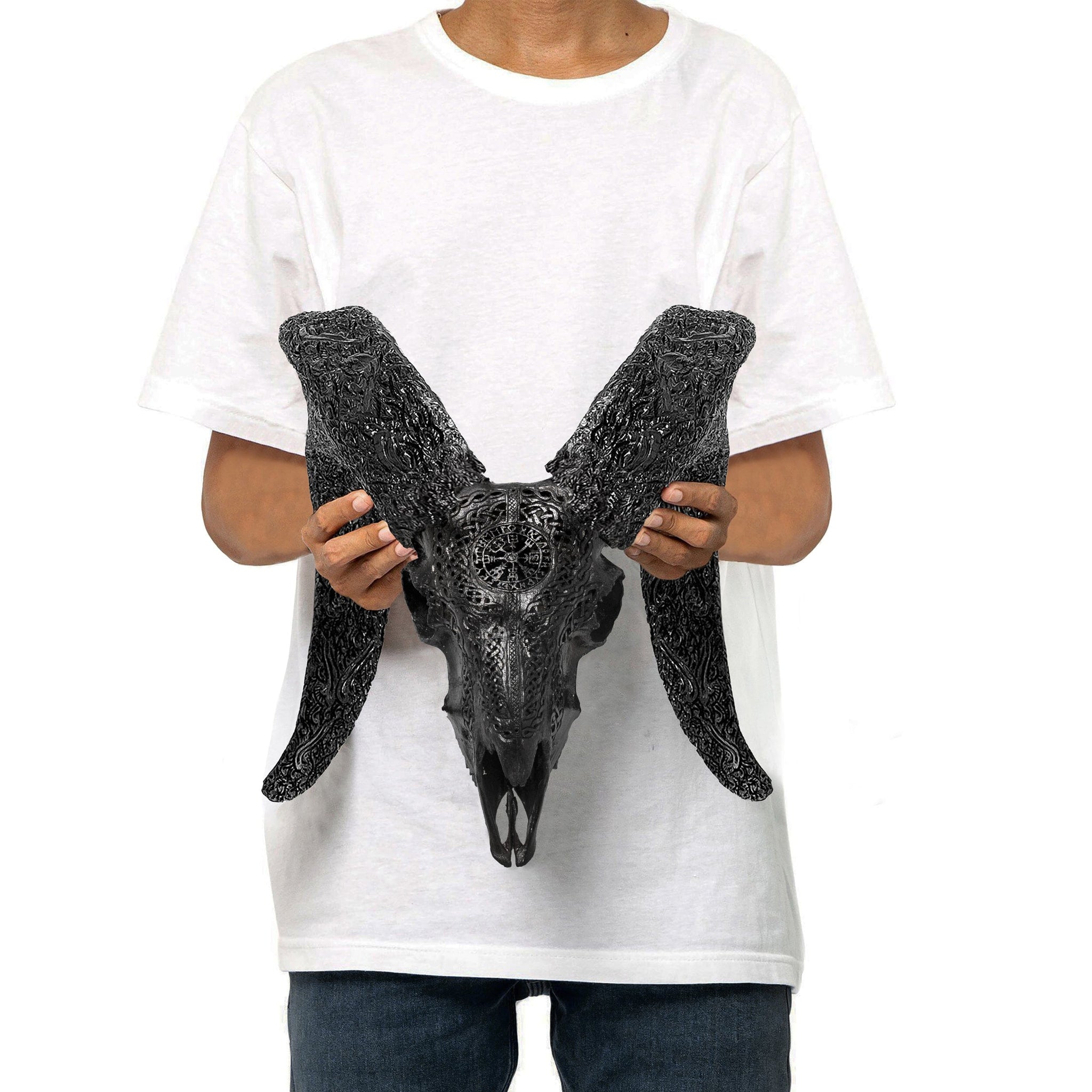 Hand Carved Ram Skull - Black Vegvísir