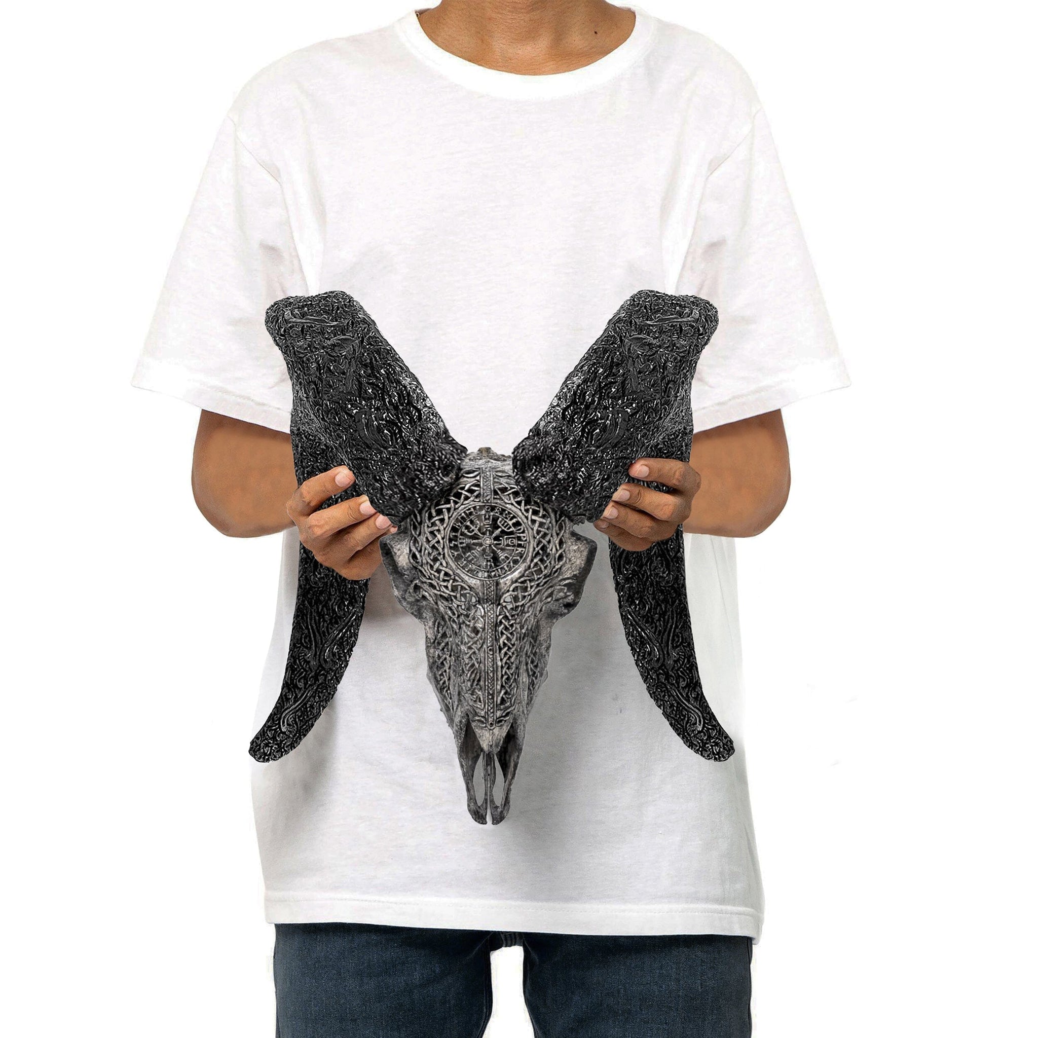 Hand Carved Ram Skull - Gray Vegvísir
