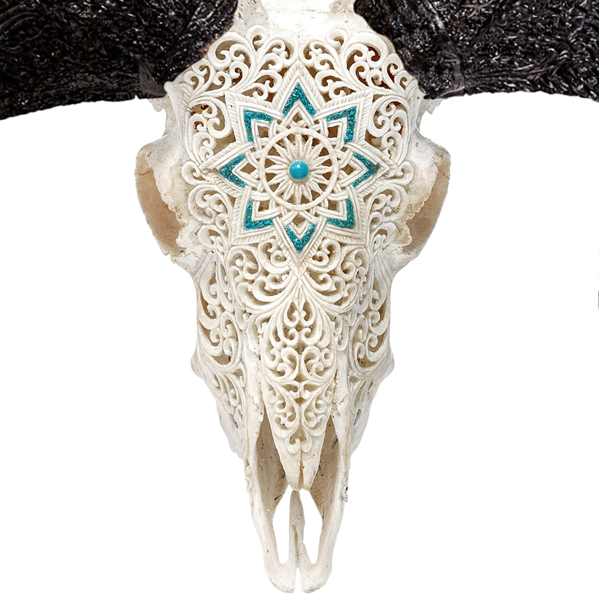 Hand Carved Ram Skull - White Glowing Mandala