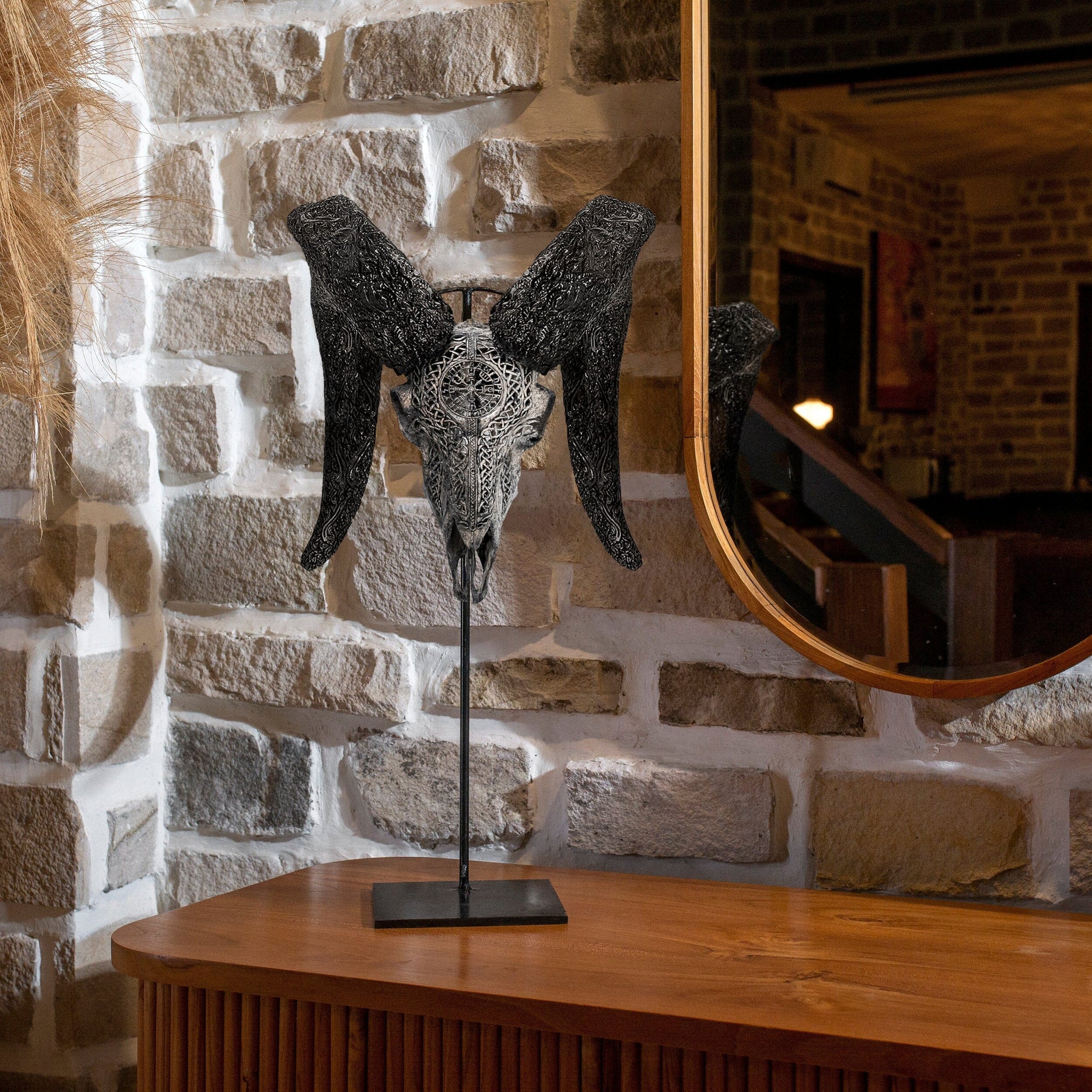 Hand Carved Ram Skull - Gray Vegvísir