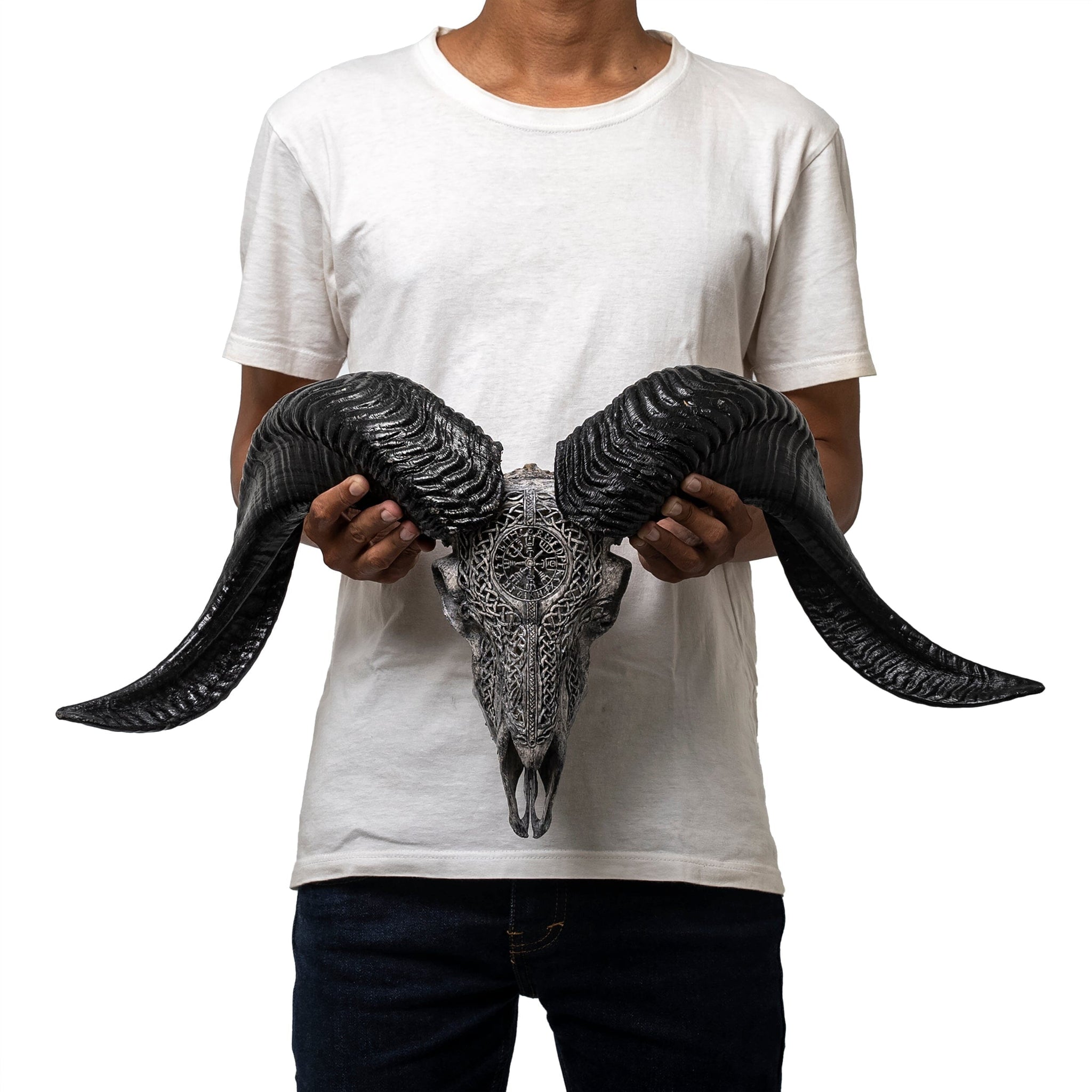 Hand Carved Ram Skull - Gray Vegvísir