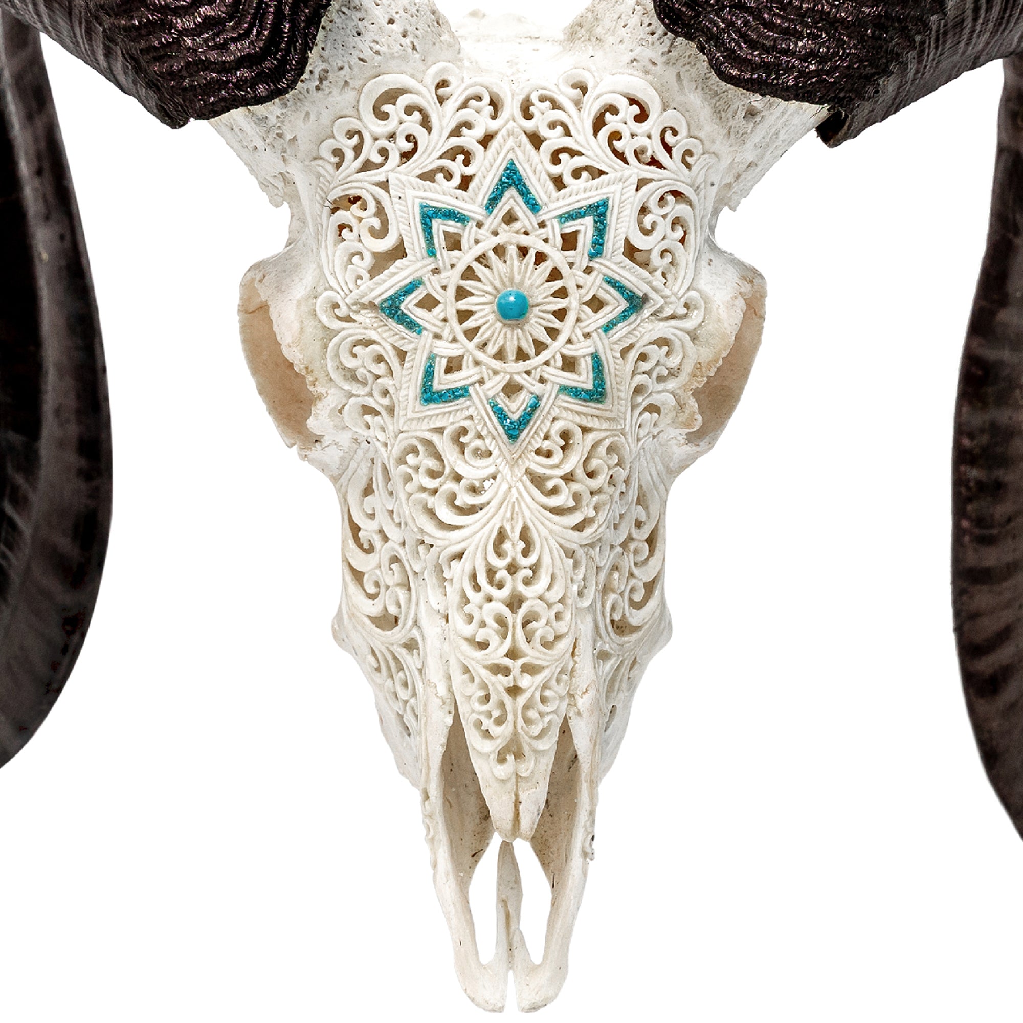 Hand Carved Ram Skull - White Glowing Mandala