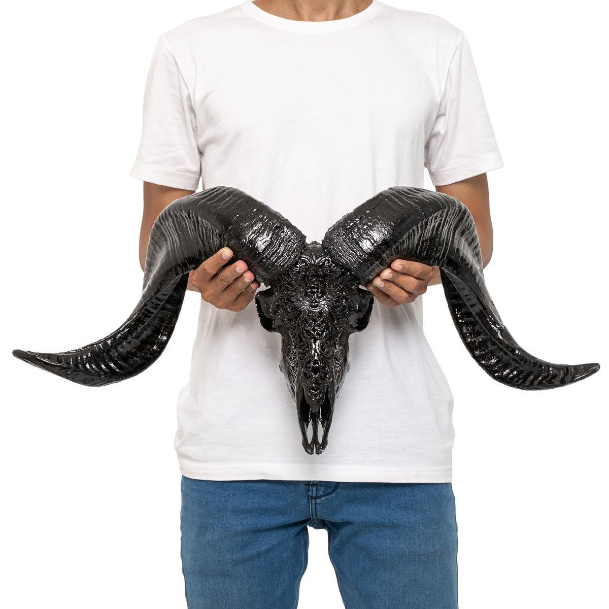 Hand Carved Ram Skull - Black Phoenix