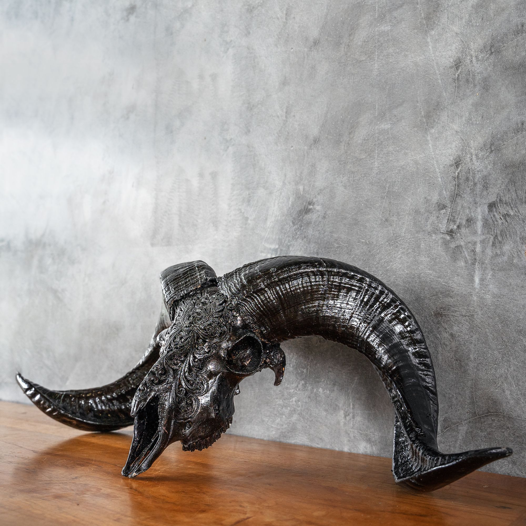 Hand Carved Ram Skull - Black Phoenix