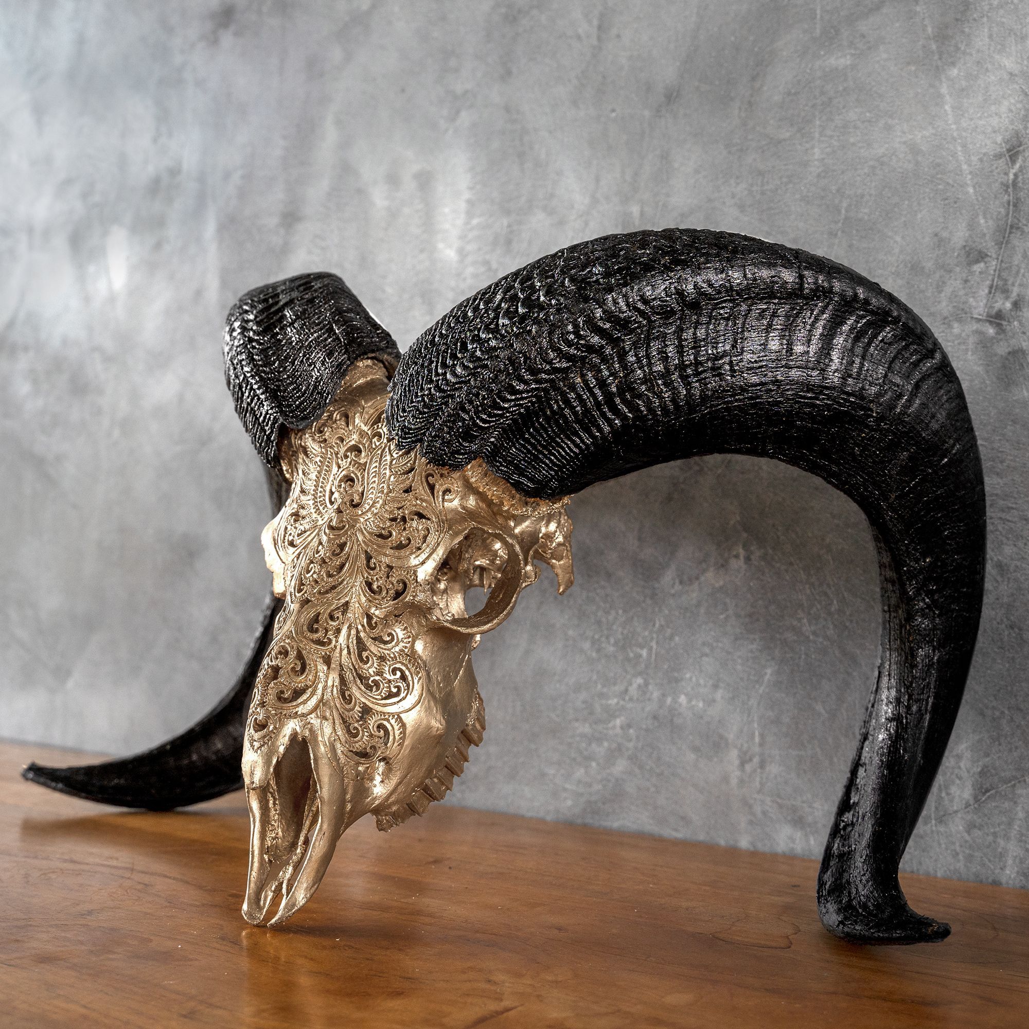 Hand Carved Ram Skull - Golden Phoenix