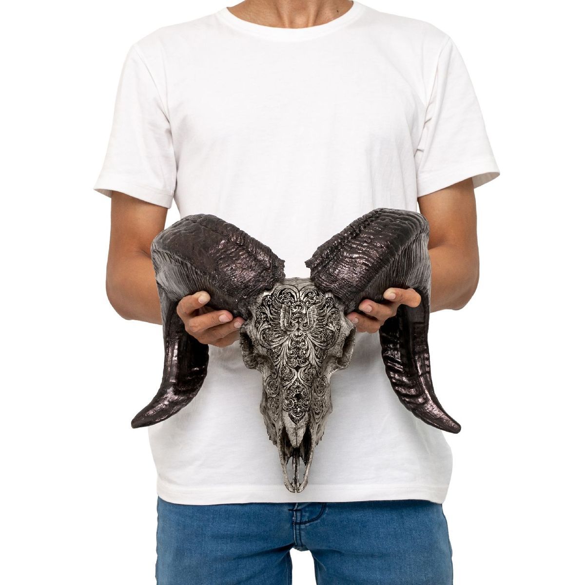 Hand Carved Ram Skull - Gray Phoenix