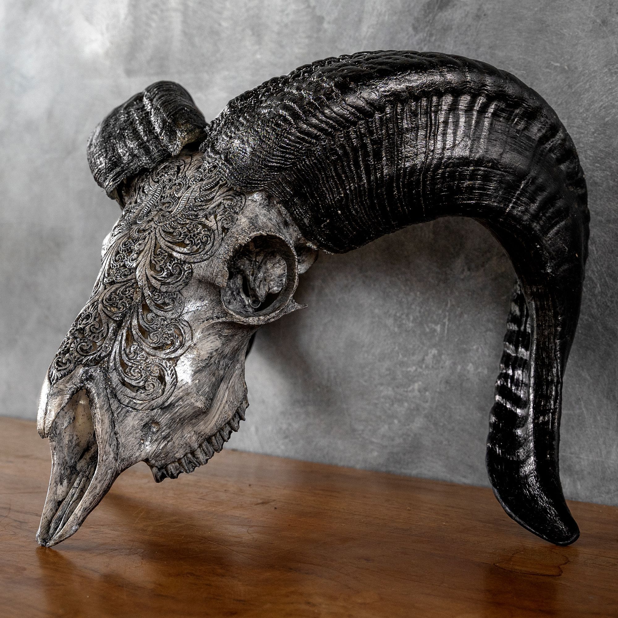 Hand Carved Ram Skull - Gray Phoenix