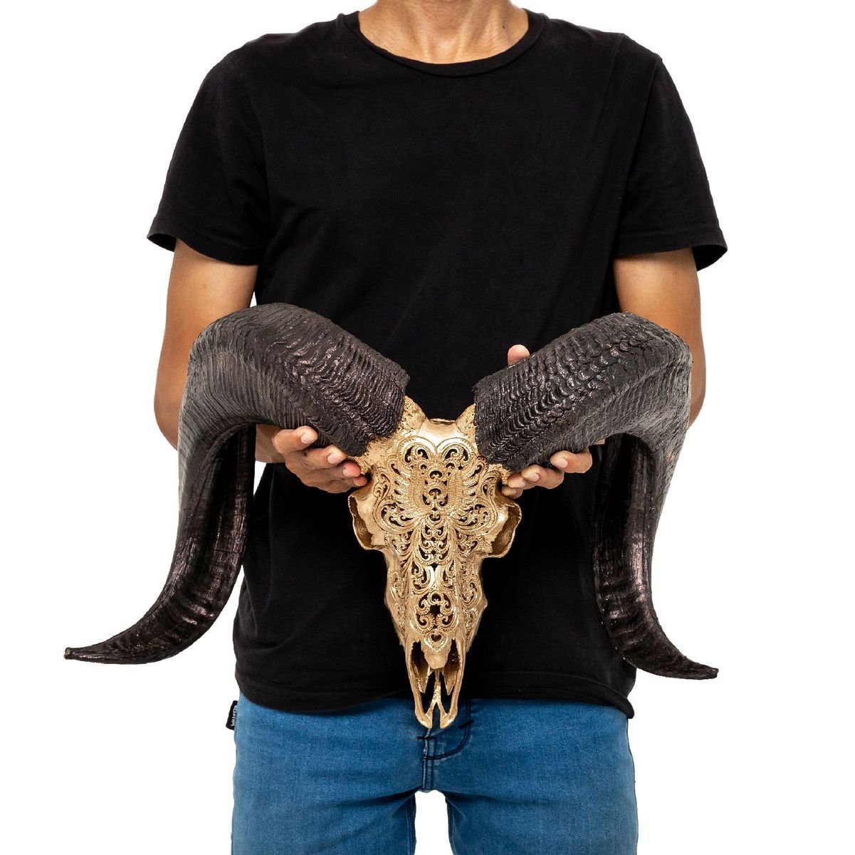 Hand Carved Ram Skull - Golden Phoenix