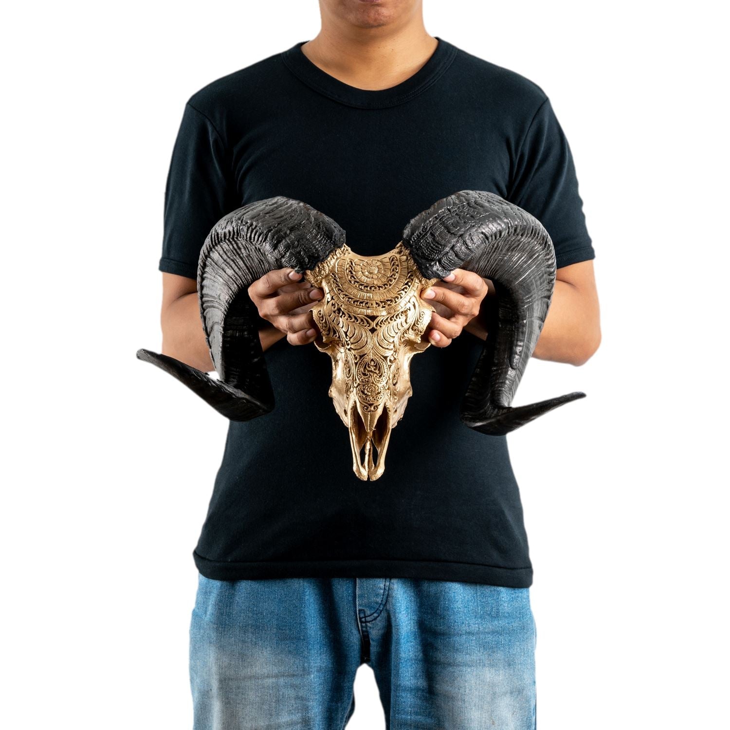 Hand Carved Ram Skull - Golden Boho