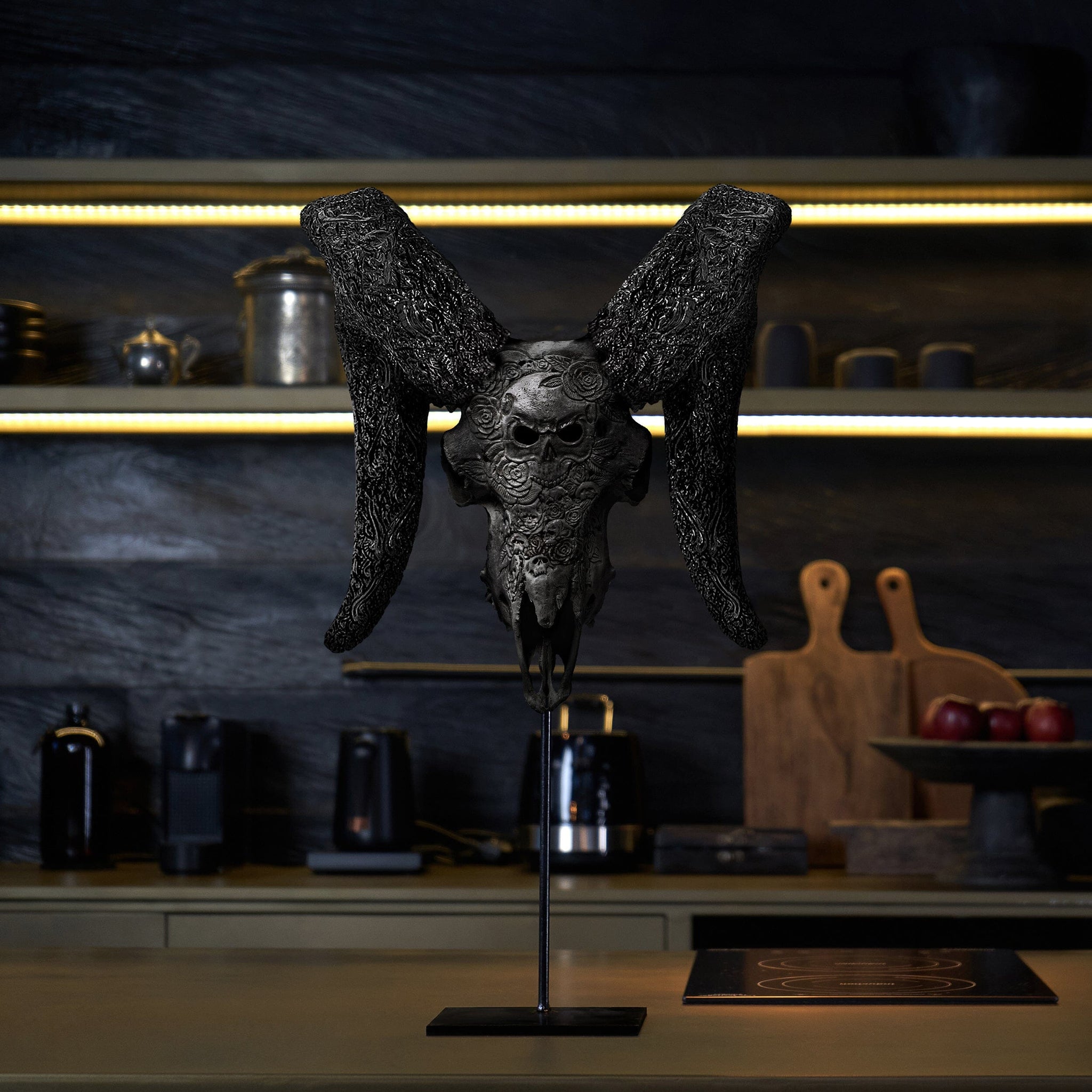 Hand Carved Ram Skull - Black Thorn