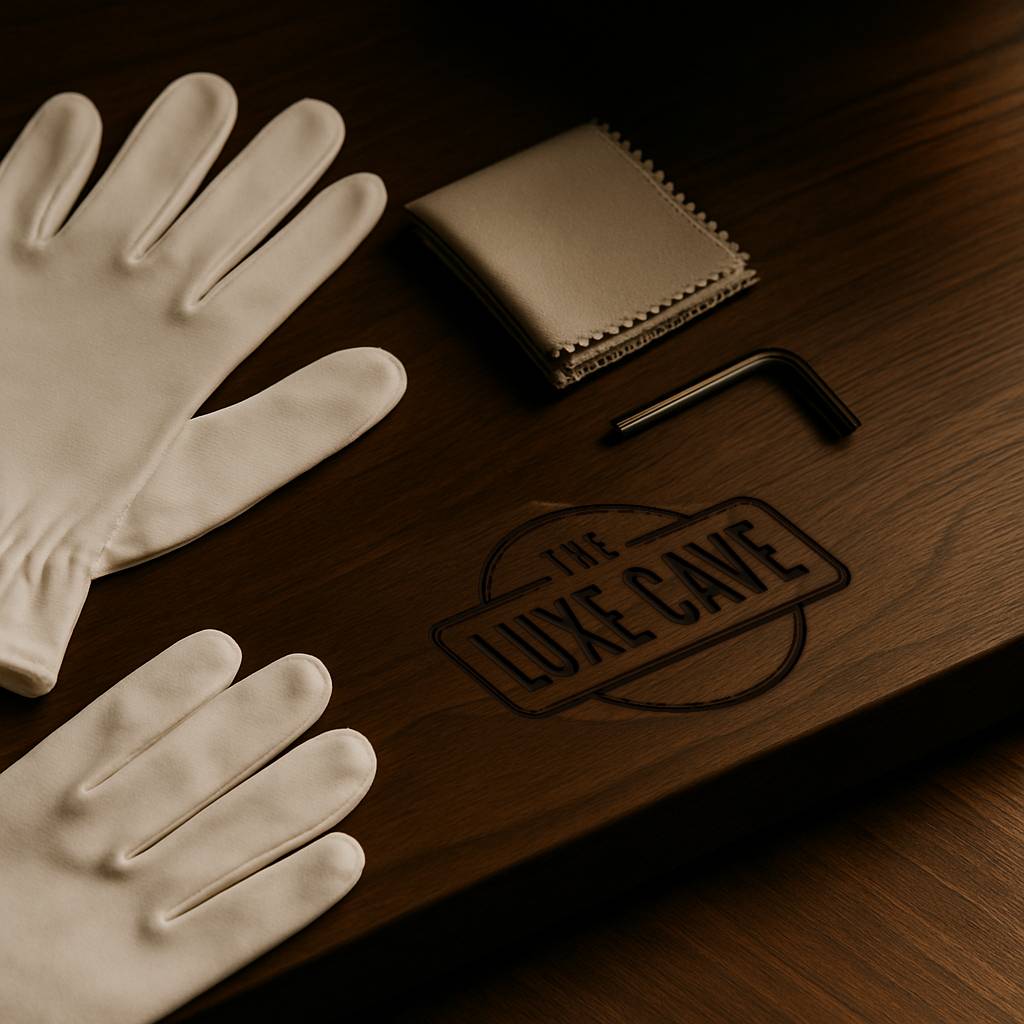White gloves, leather wallet, and tool on a wooden surface with 'The Luxe Cave' branding.