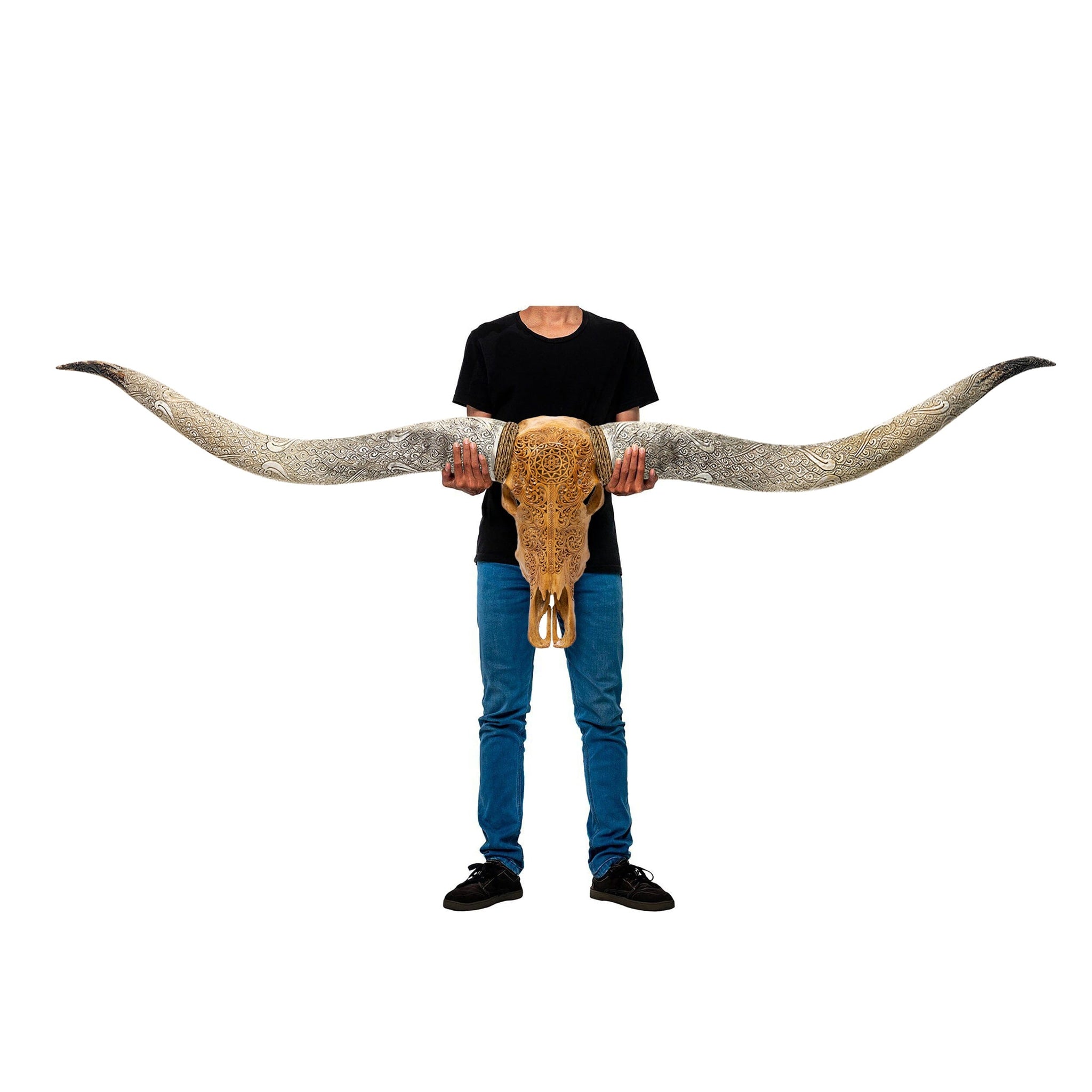 Hand Carved Longhorn Skull // XL Horns - Antique Sun