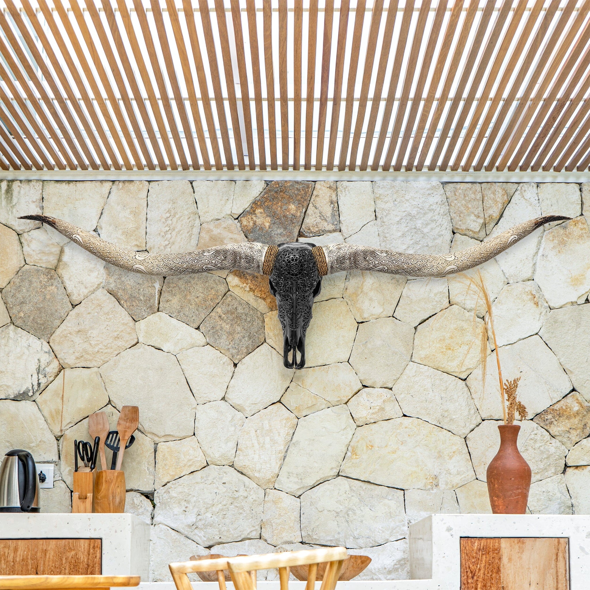 Hand Carved Longhorn Skull // XL Horns - Black Sun