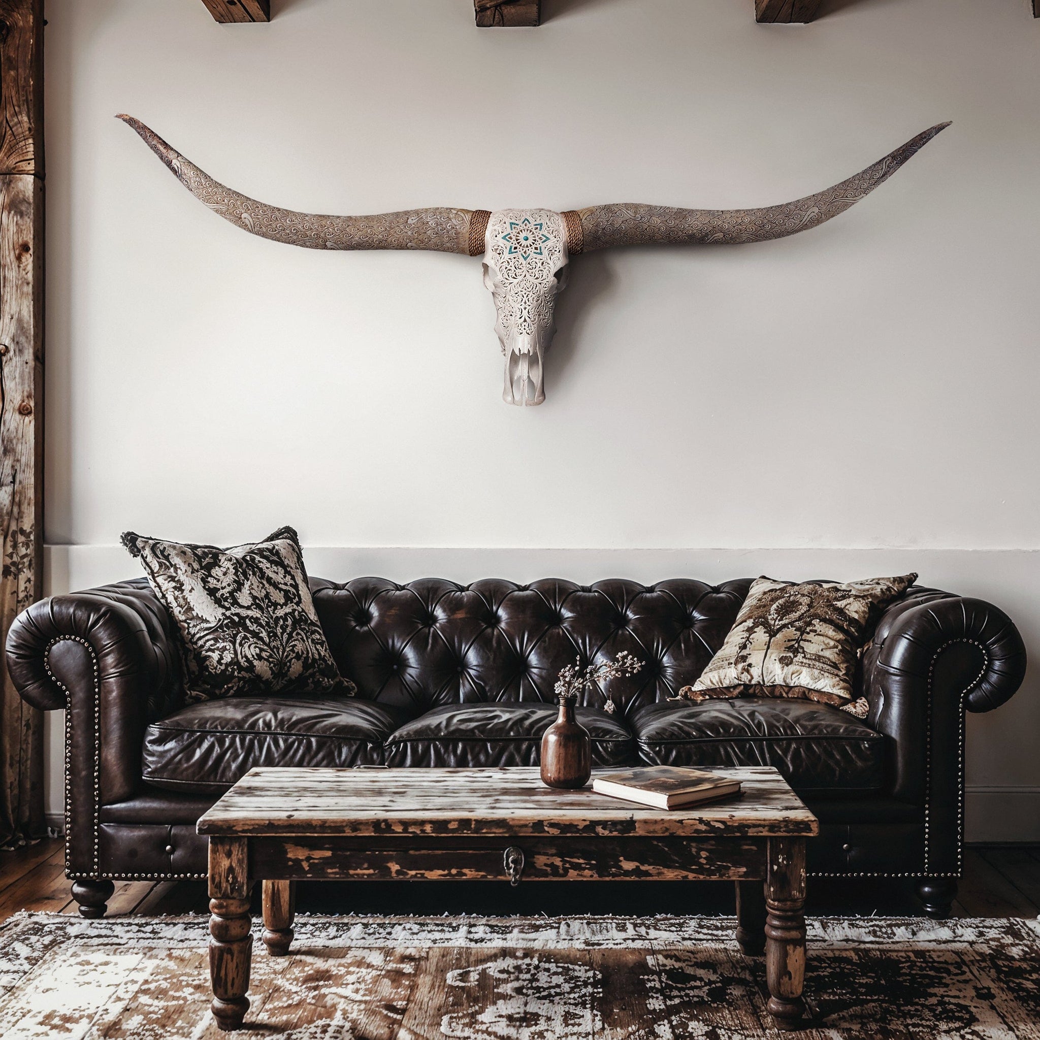 Hand Carved Longhorn Skull // XL Horns - White Glowing Mandala