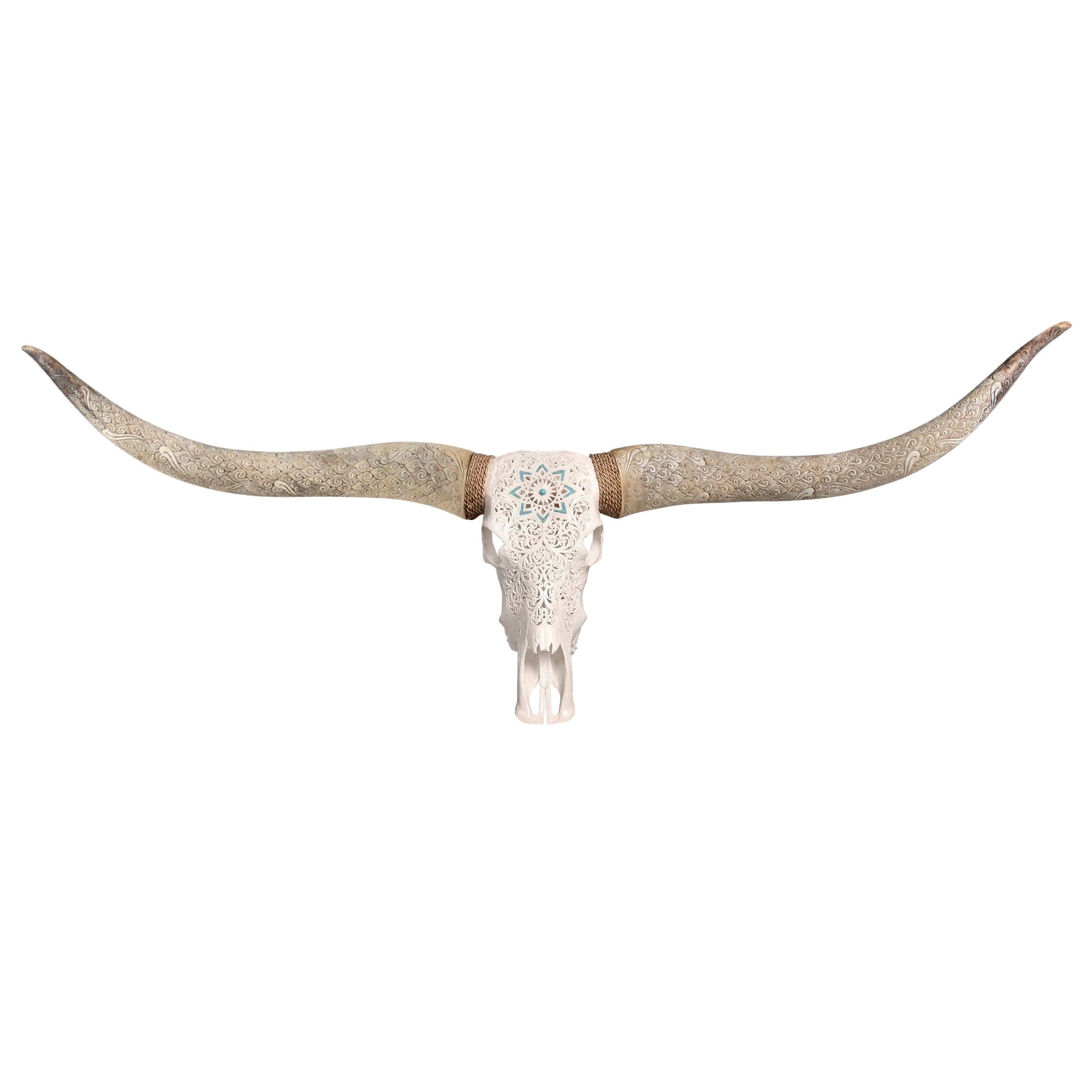 Hand Carved Longhorn Skull // XL Horns - White Glowing Mandala