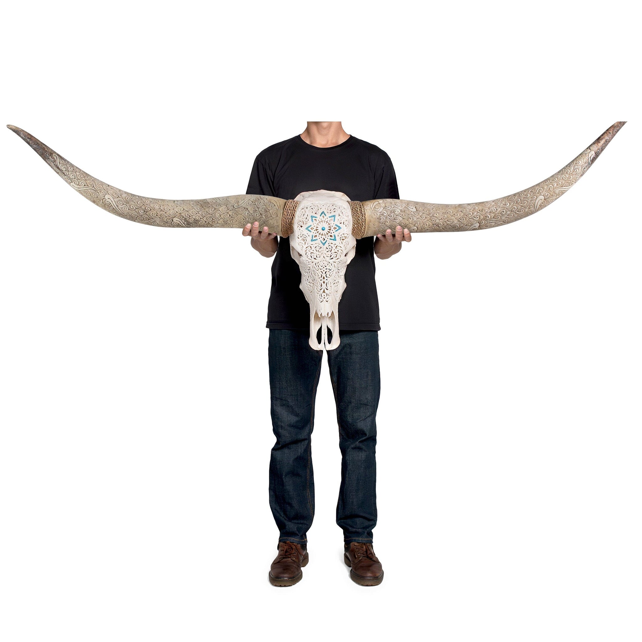 Hand Carved Longhorn Skull // XL Horns - White Glowing Mandala