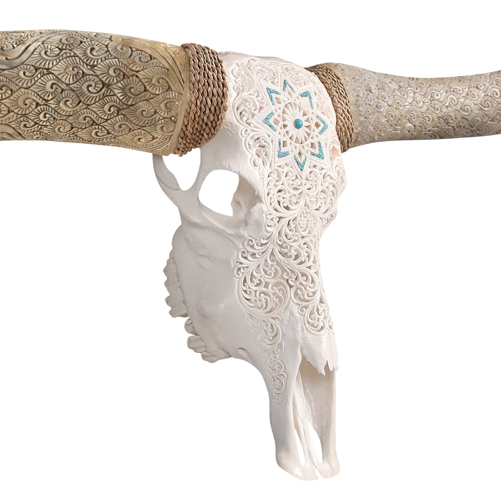 Hand Carved Longhorn Skull // XL Horns - White Glowing Mandala