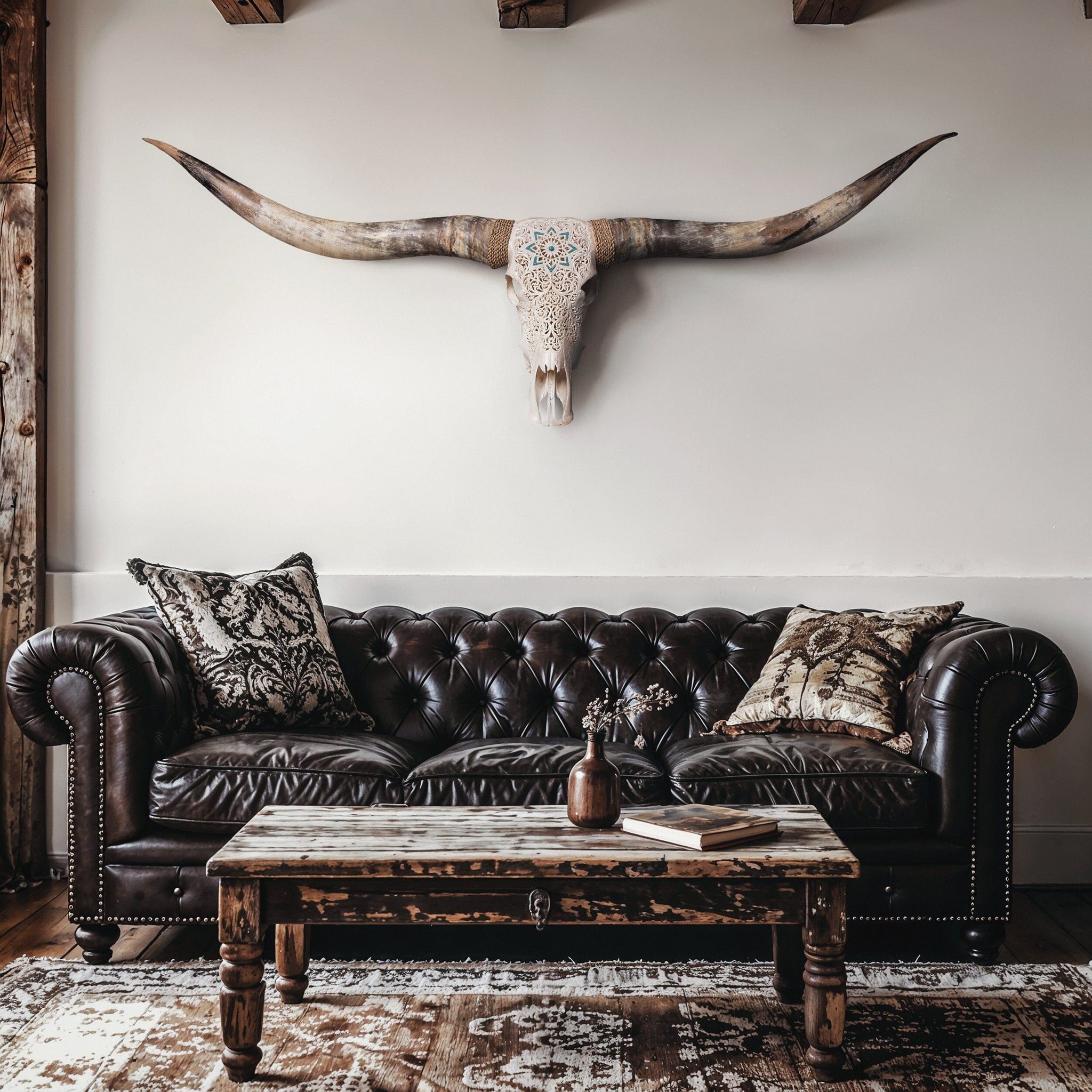 Hand Carved Longhorn Skull // XL Horns - White Glowing Mandala