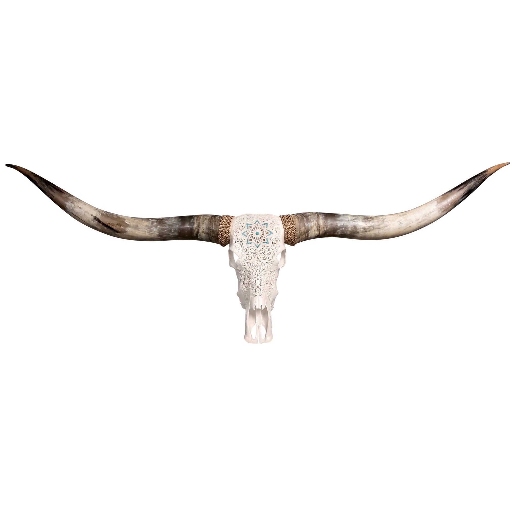 Hand Carved Longhorn Skull // XL Horns - White Glowing Mandala
