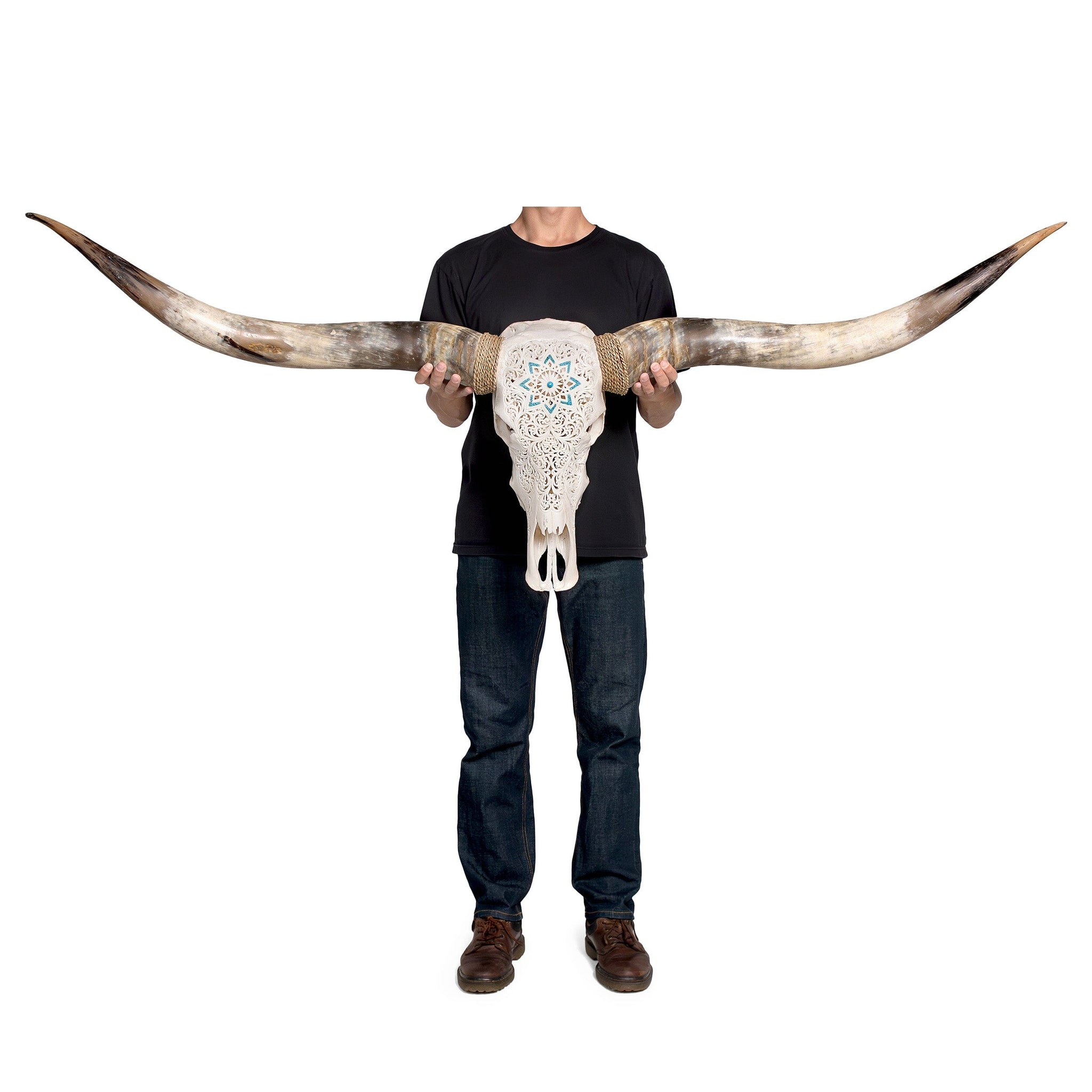 Hand Carved Longhorn Skull // XL Horns - White Glowing Mandala