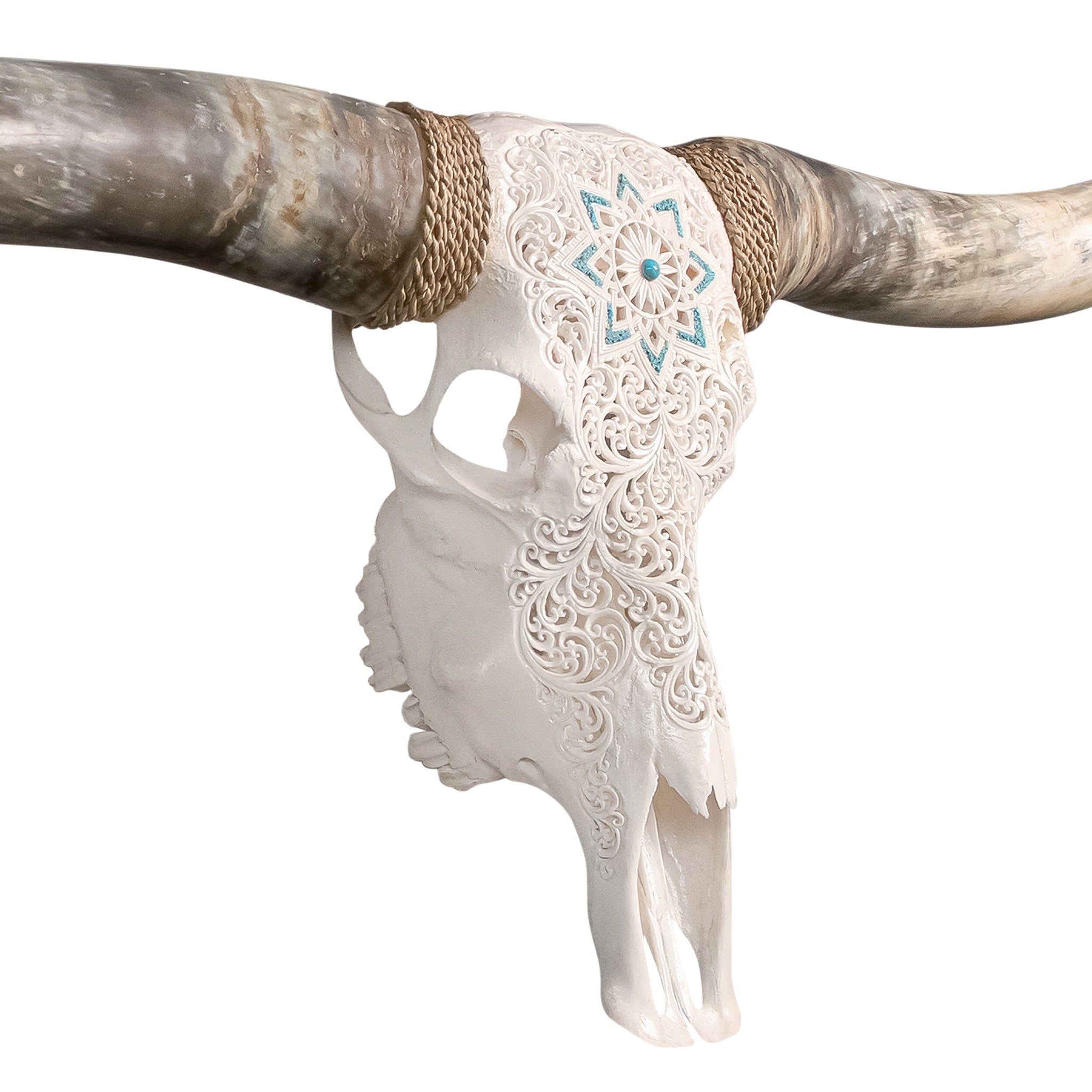 Hand Carved Longhorn Skull // XL Horns - White Glowing Mandala