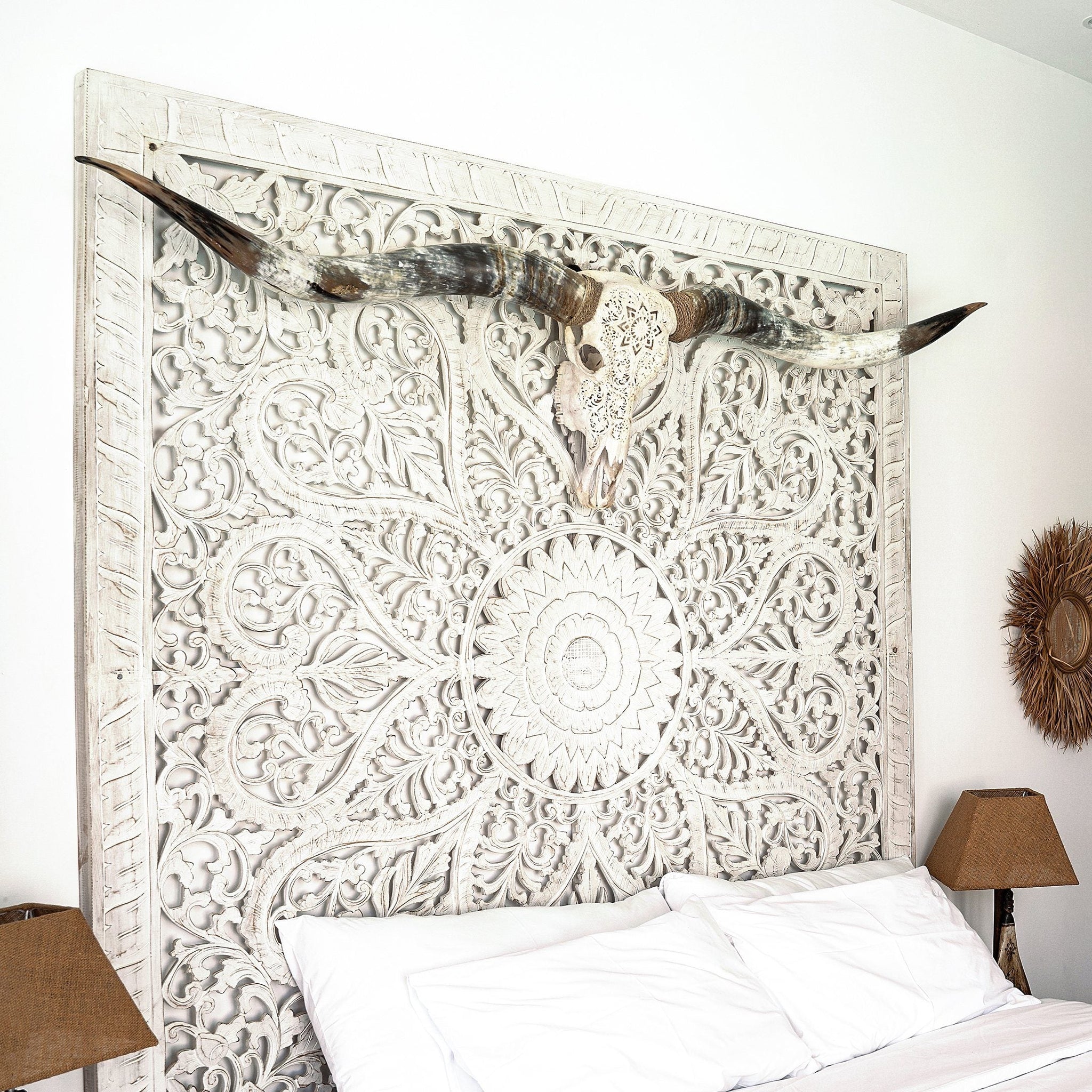 Hand Carved Longhorn Skull // XL Horns - White Mandala