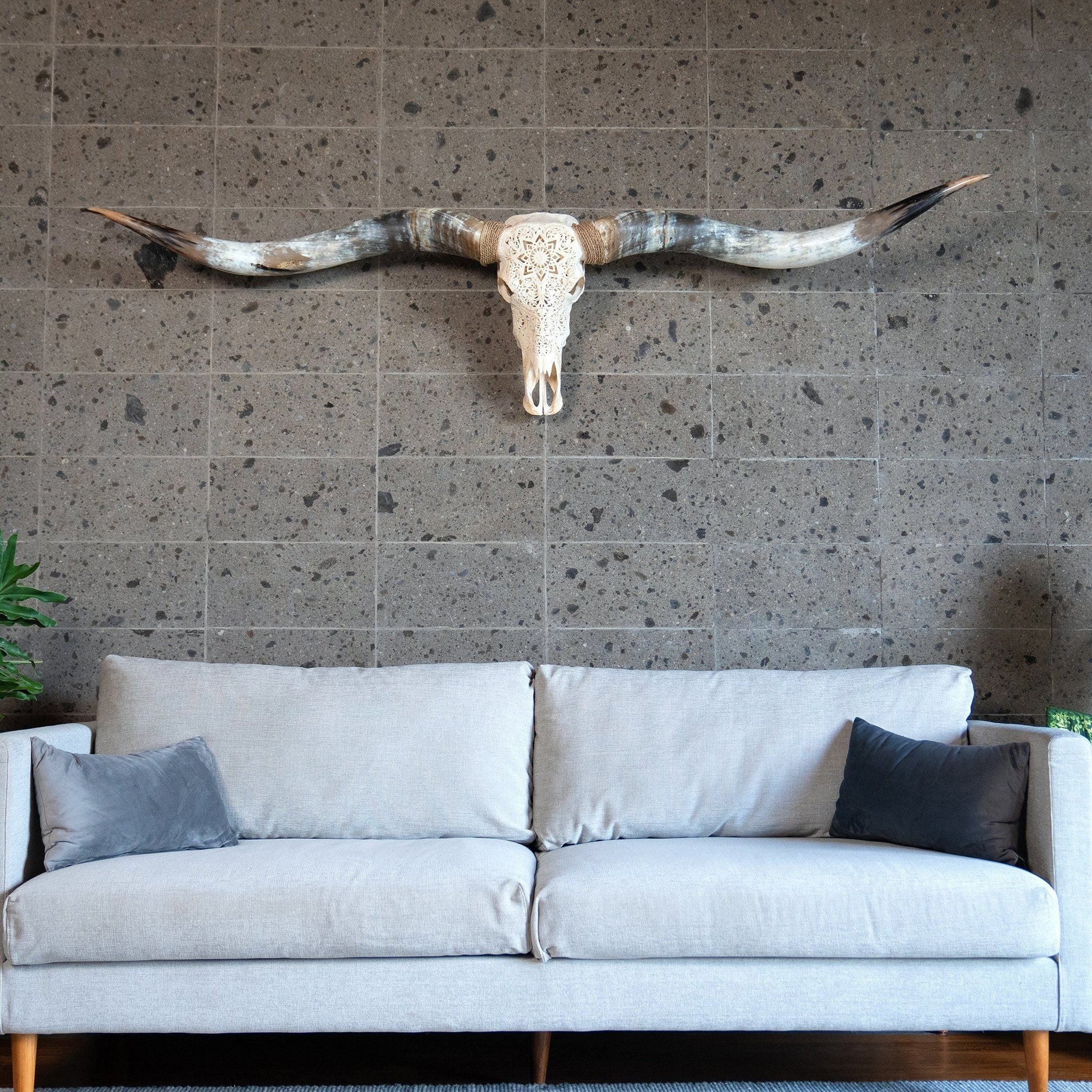 Hand Carved Longhorn Skull // XL Horns - White Mandala