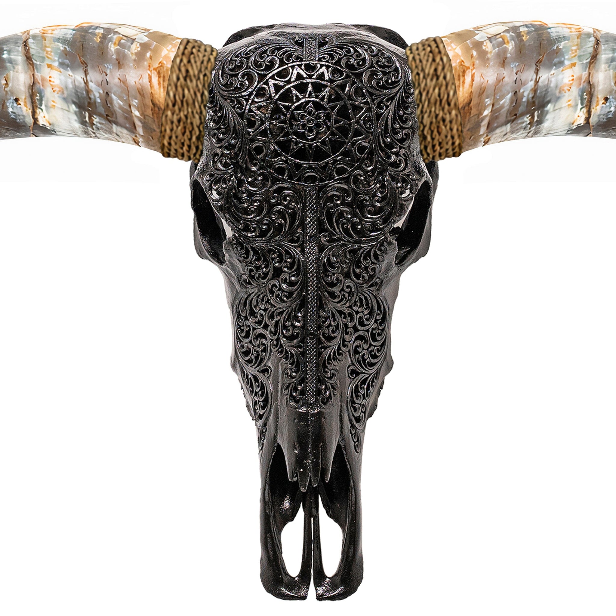 Hand Carved Longhorn Skull // XL Horns - Black Sun
