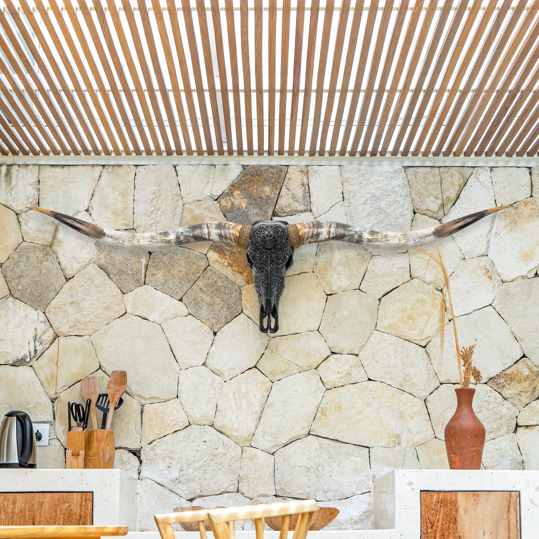 Hand Carved Longhorn Skull // XL Horns - Black Sun