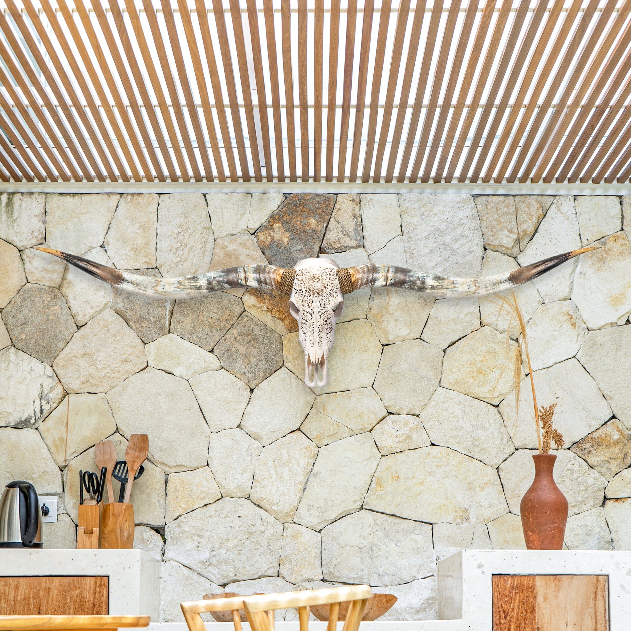 Hand Carved Longhorn Skull // XL Horns - White Sun