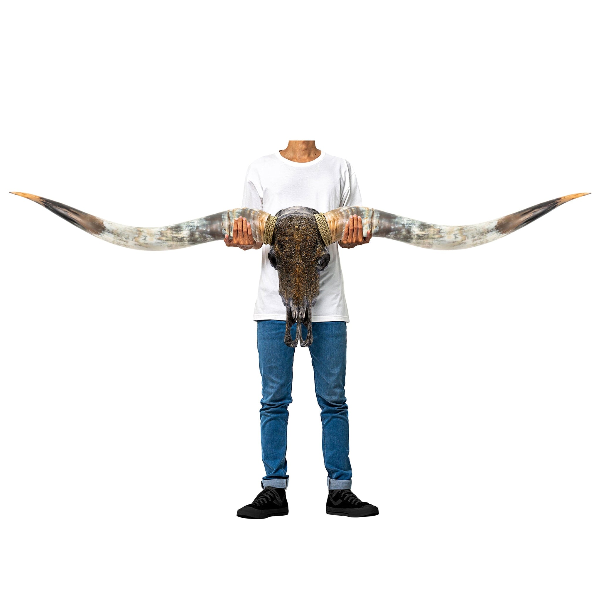 Hand Carved Longhorn Skull // XL Horns - Antique Gray Fine Line