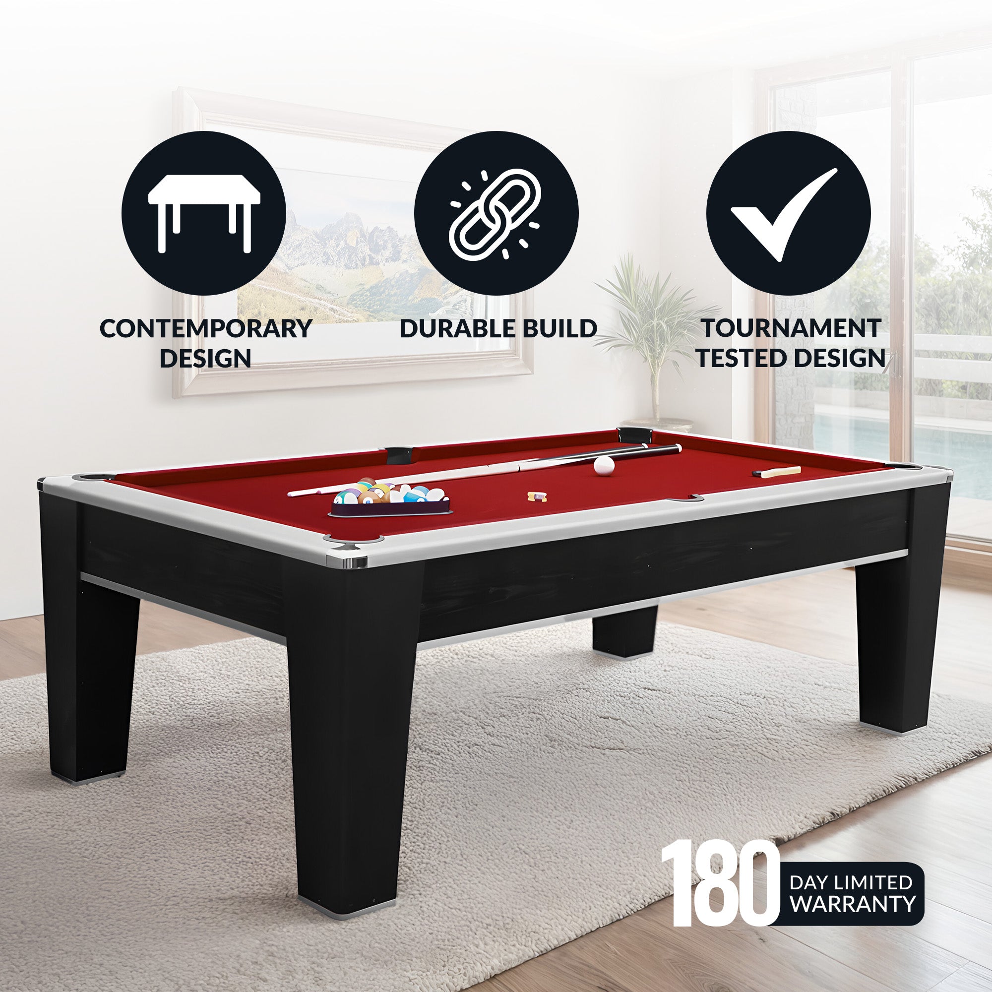 Mirage 90-in Pool Table - Black and Silver with Dark Red Felt - image 4