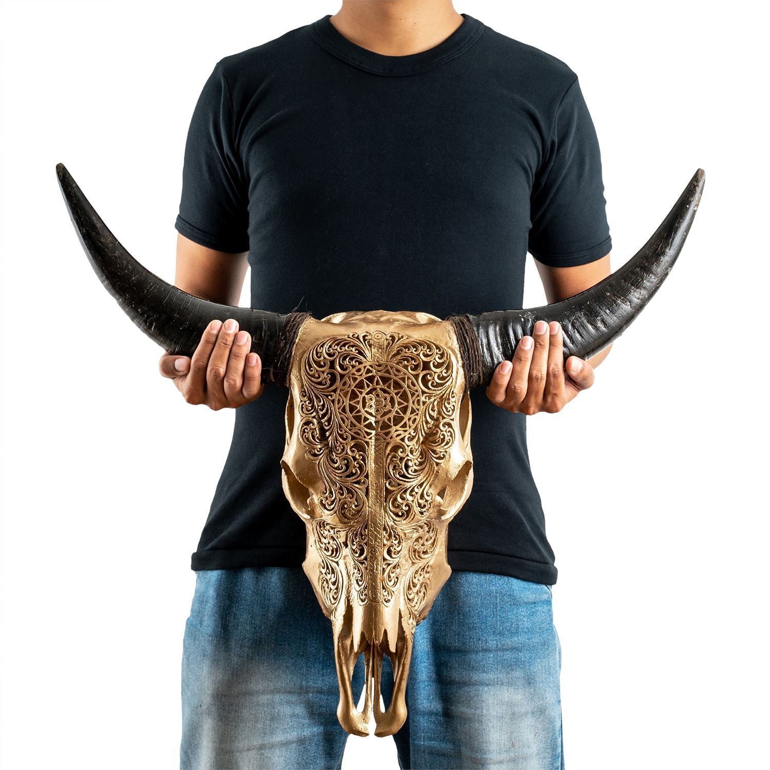 Hand Carved Cow Skull - Golden Sun