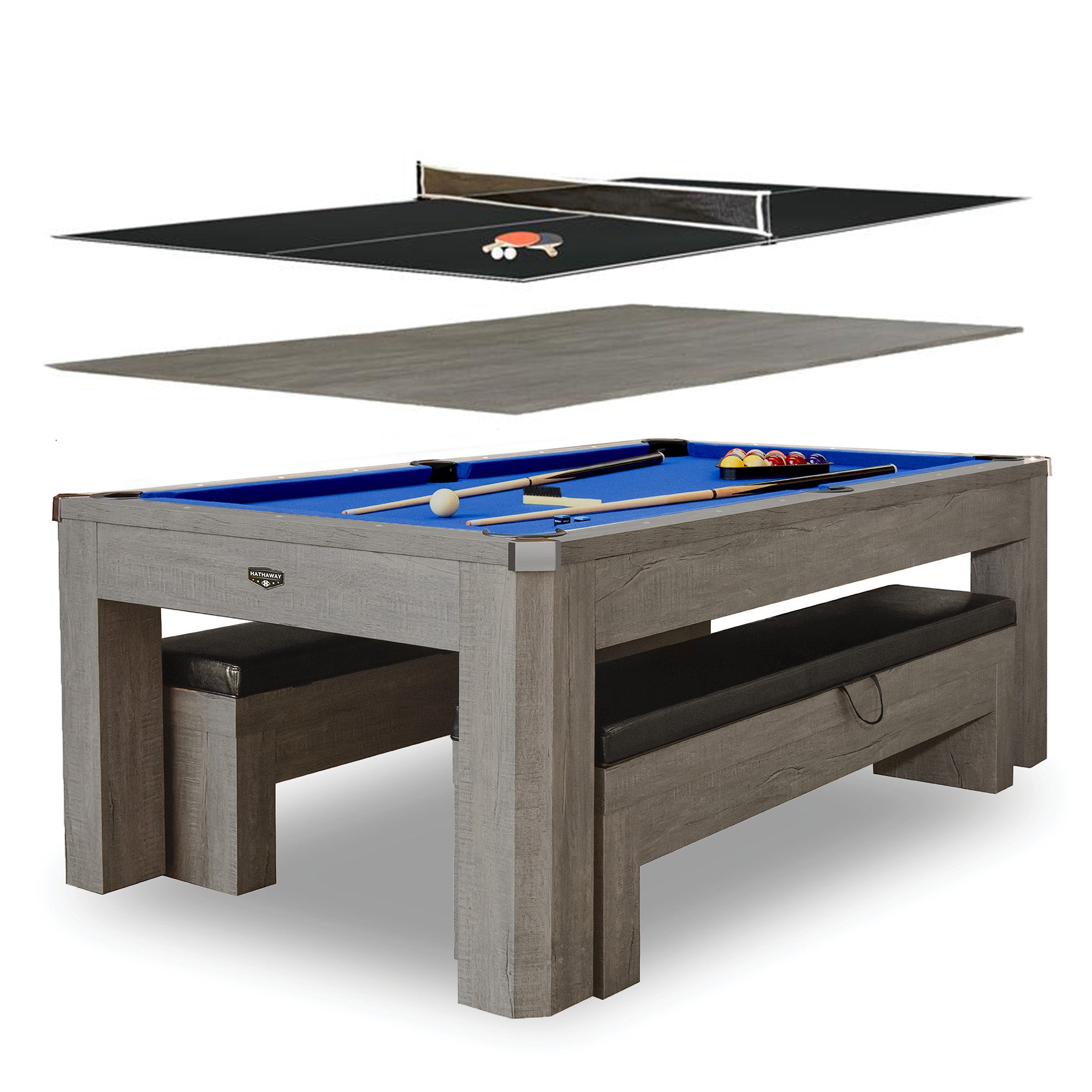 Newport 7-ft Pool Table Combo Set with Benches - Rustic Grey with Blue Felt - image 2