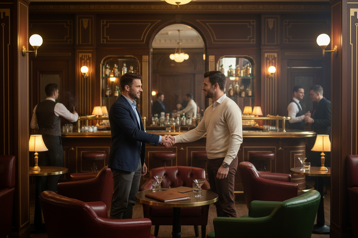 Business casual handshake in speakeasy