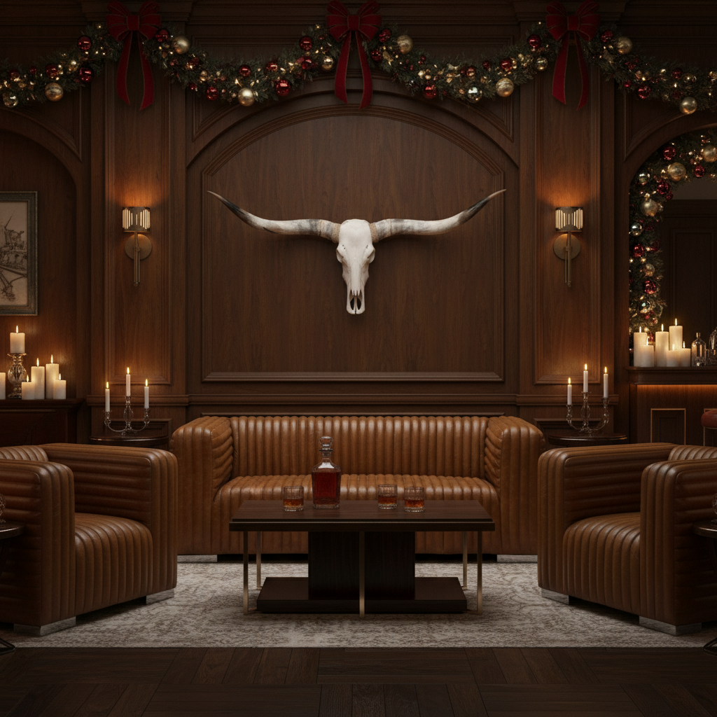 Canyon Sofa and Chairs with bourbon decanter, candles, and White Storm skull