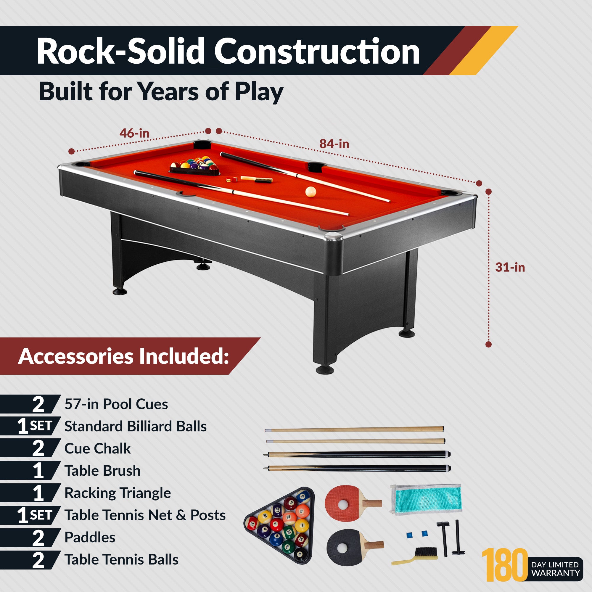 Maverick 7-ft Pool Table with Table Tennis Top - Black with Red Felt - image 4