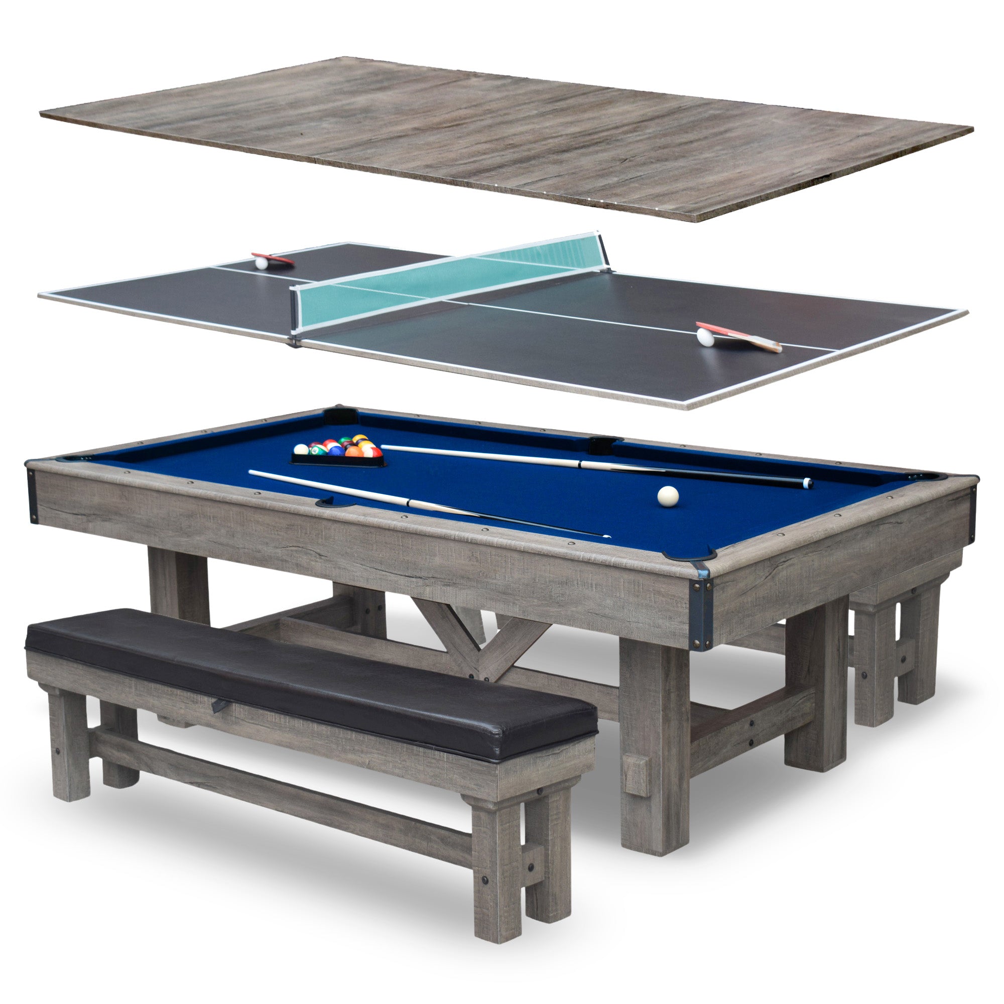 Logan 7-ft Pool Table Combo Set with Benches - Rustic Gray with Blue Felt