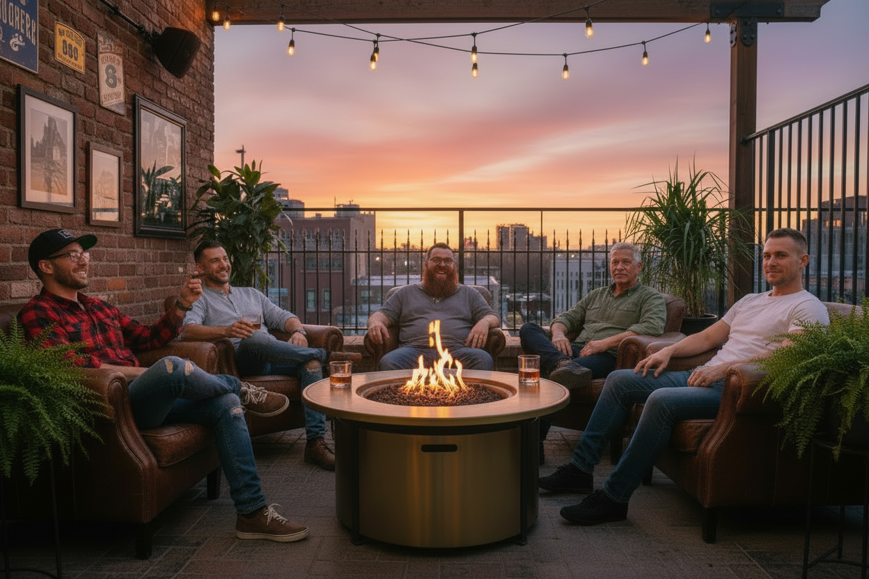 Friends around fire pit with varied shirts