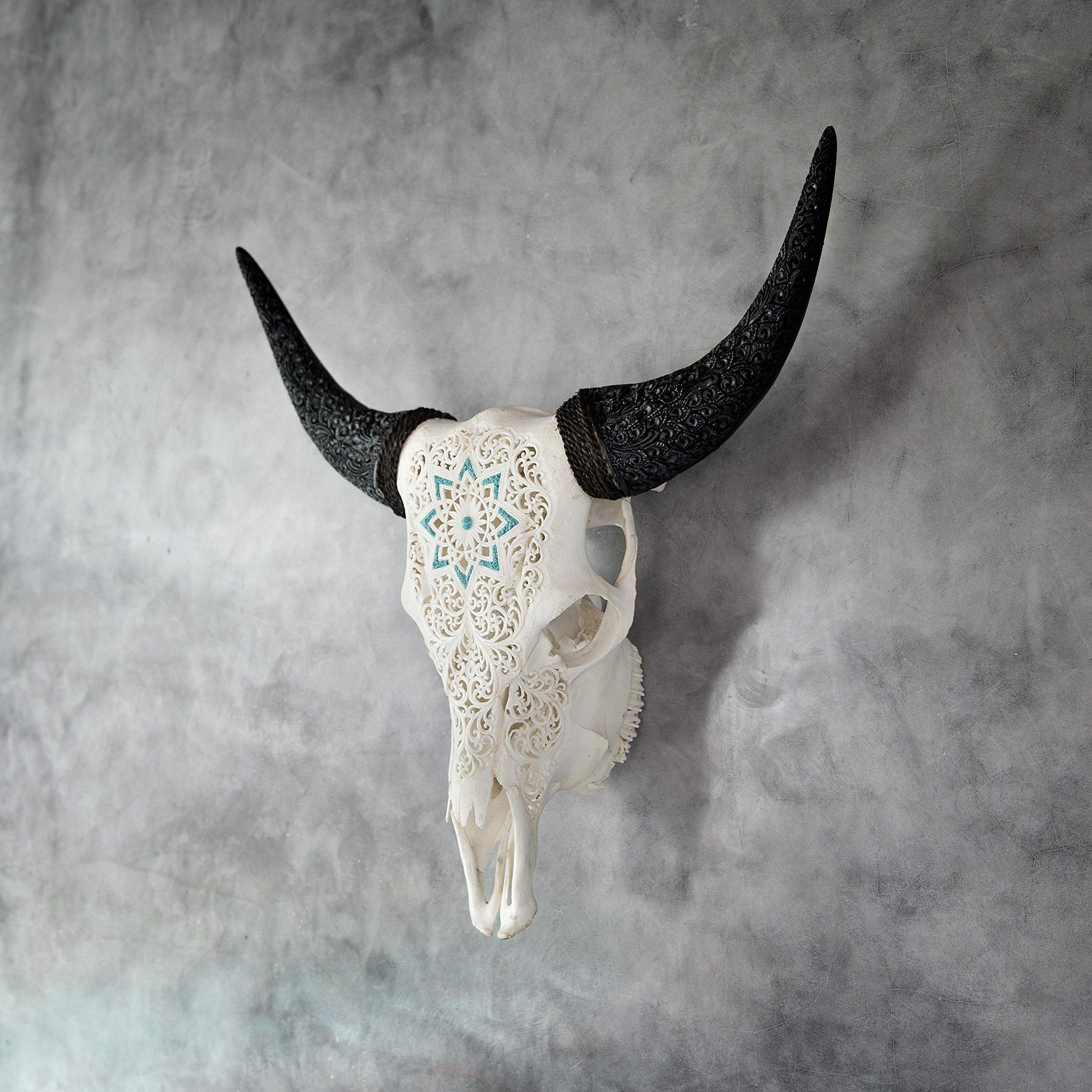 Hand Carved Cow Skull - White Glowing Mandala