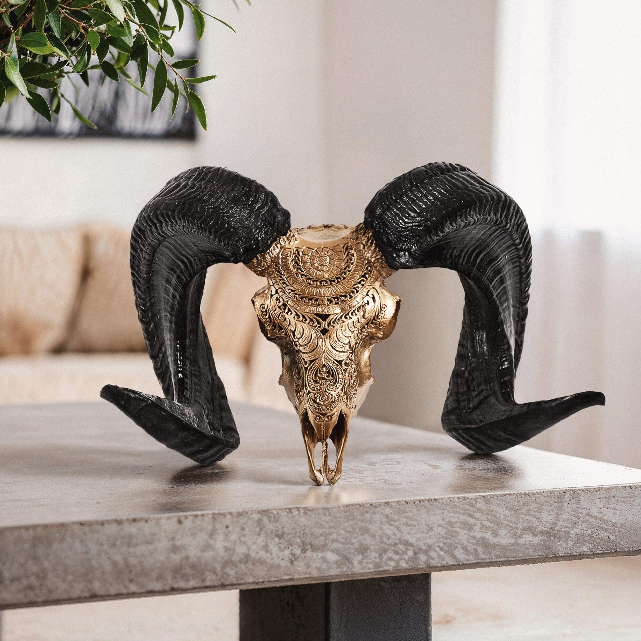 Hand Carved Ram Skull - Golden Boho