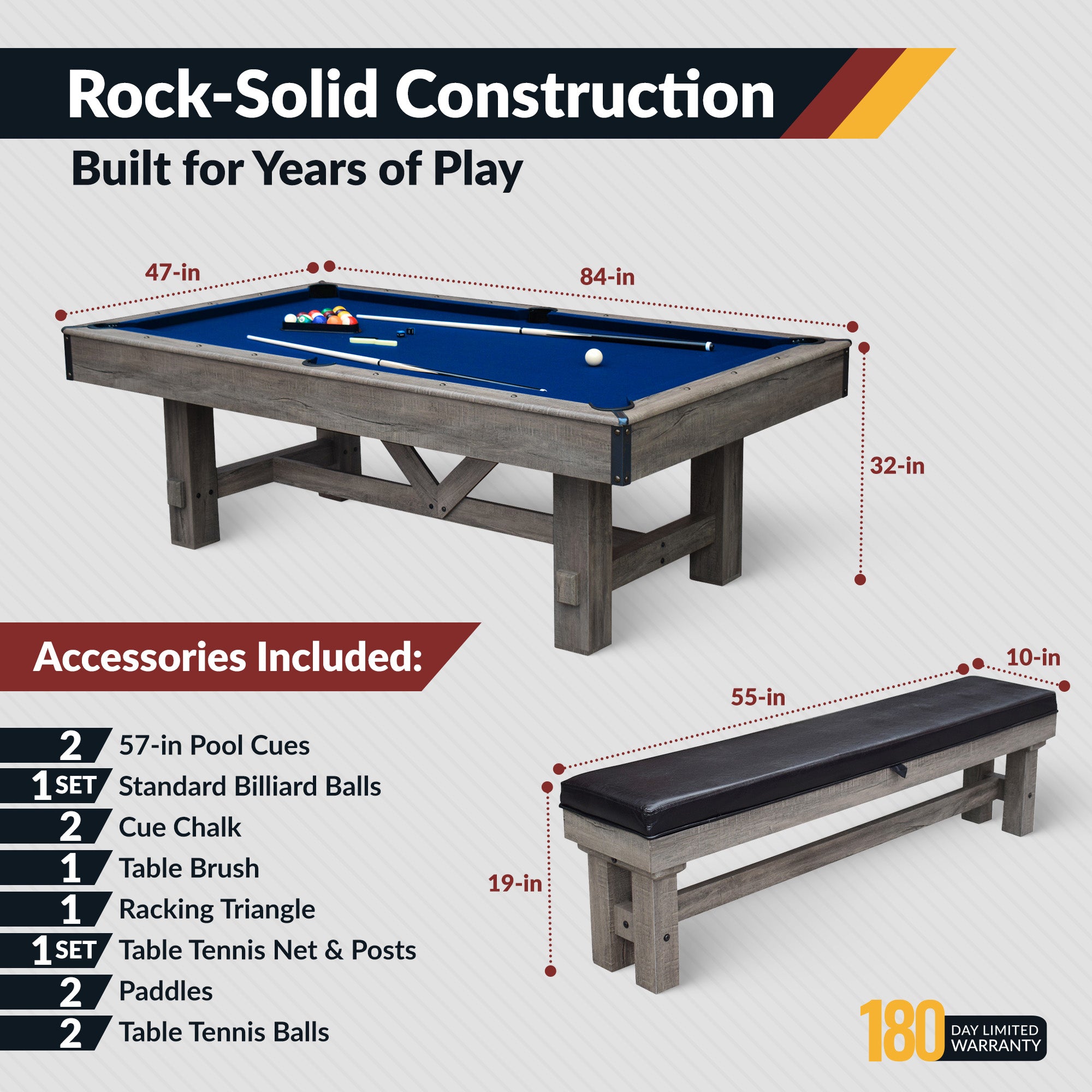 Logan 7-ft Pool Table Combo Set with Benches - Rustic Gray with Blue Felt - image 4
