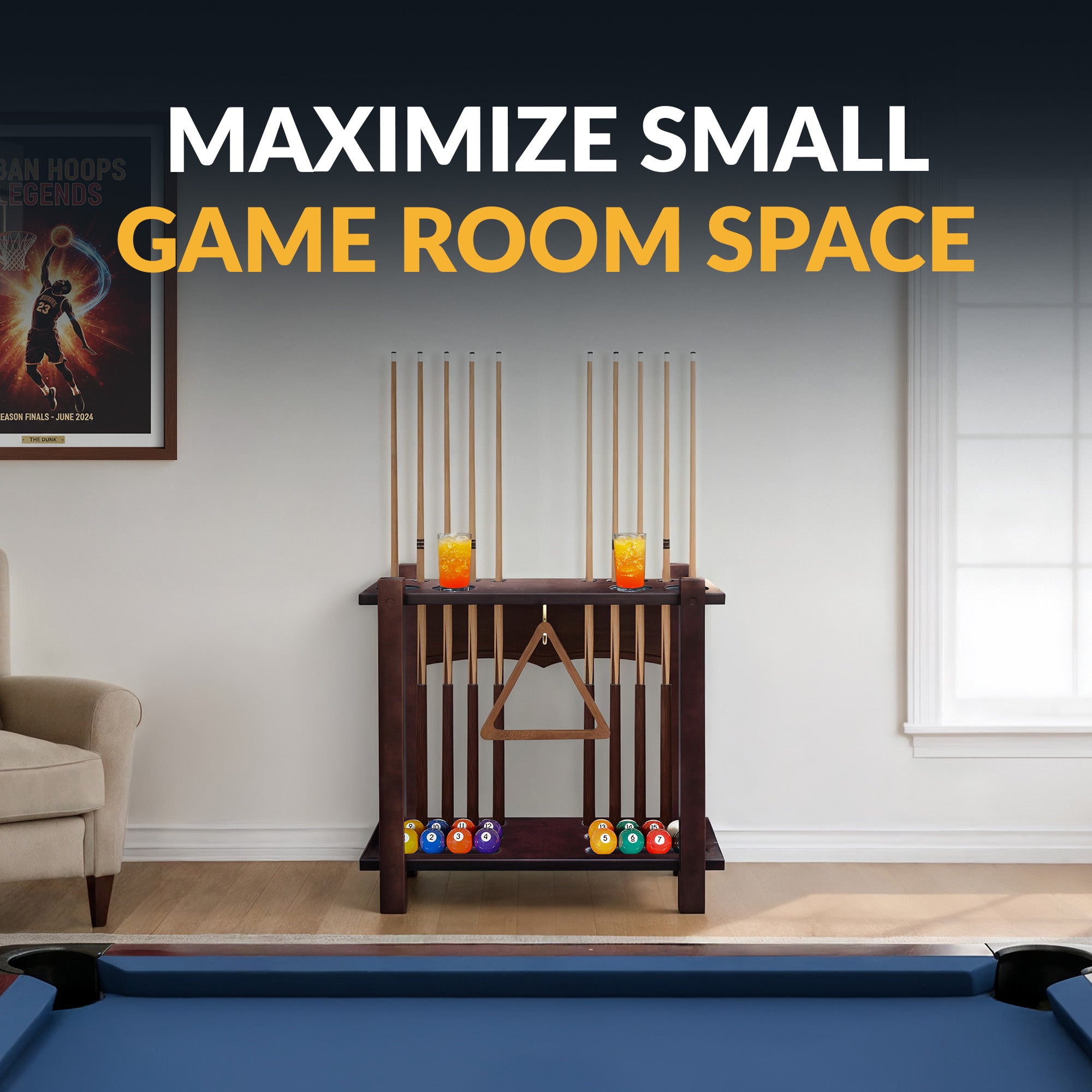 Classic 28-in Floor Billiard Cue Rack - Mahogany Finish - image 3