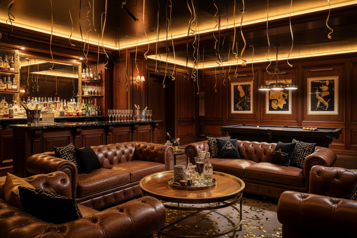 Luxury man cave New Year's celebration