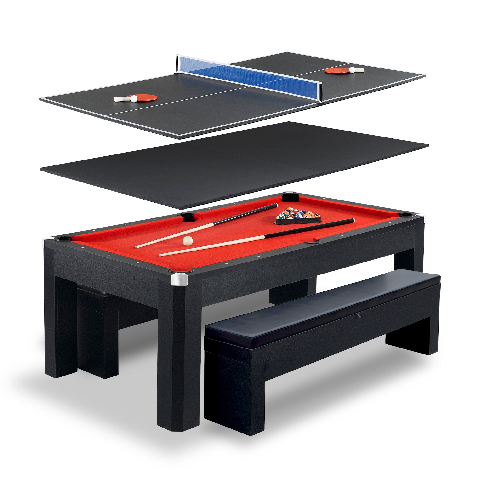 Park Avenue 7-ft Pool Table Combo Set with Benches - Black with Red Felt - image 2