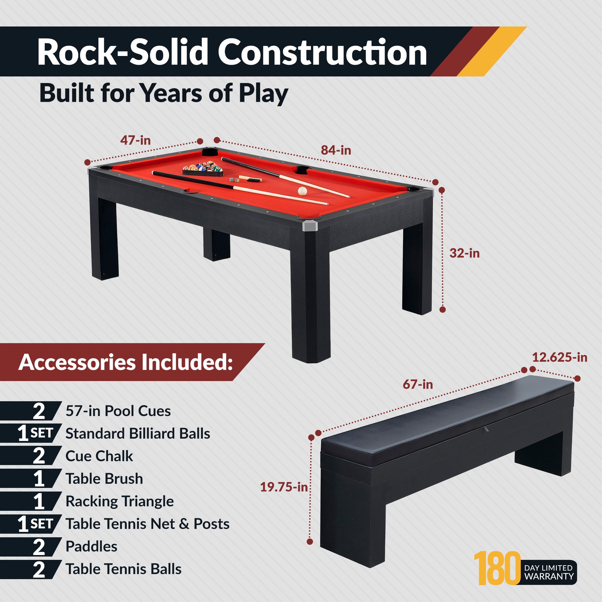 Park Avenue 7-ft Pool Table Combo Set with Benches - Black with Red Felt - image 4