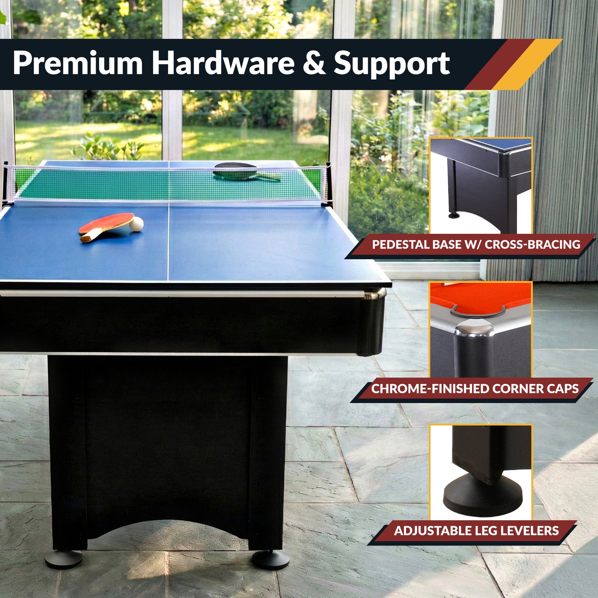 Maverick 7-ft Pool Table with Table Tennis Top - Black with Red Felt - image 7