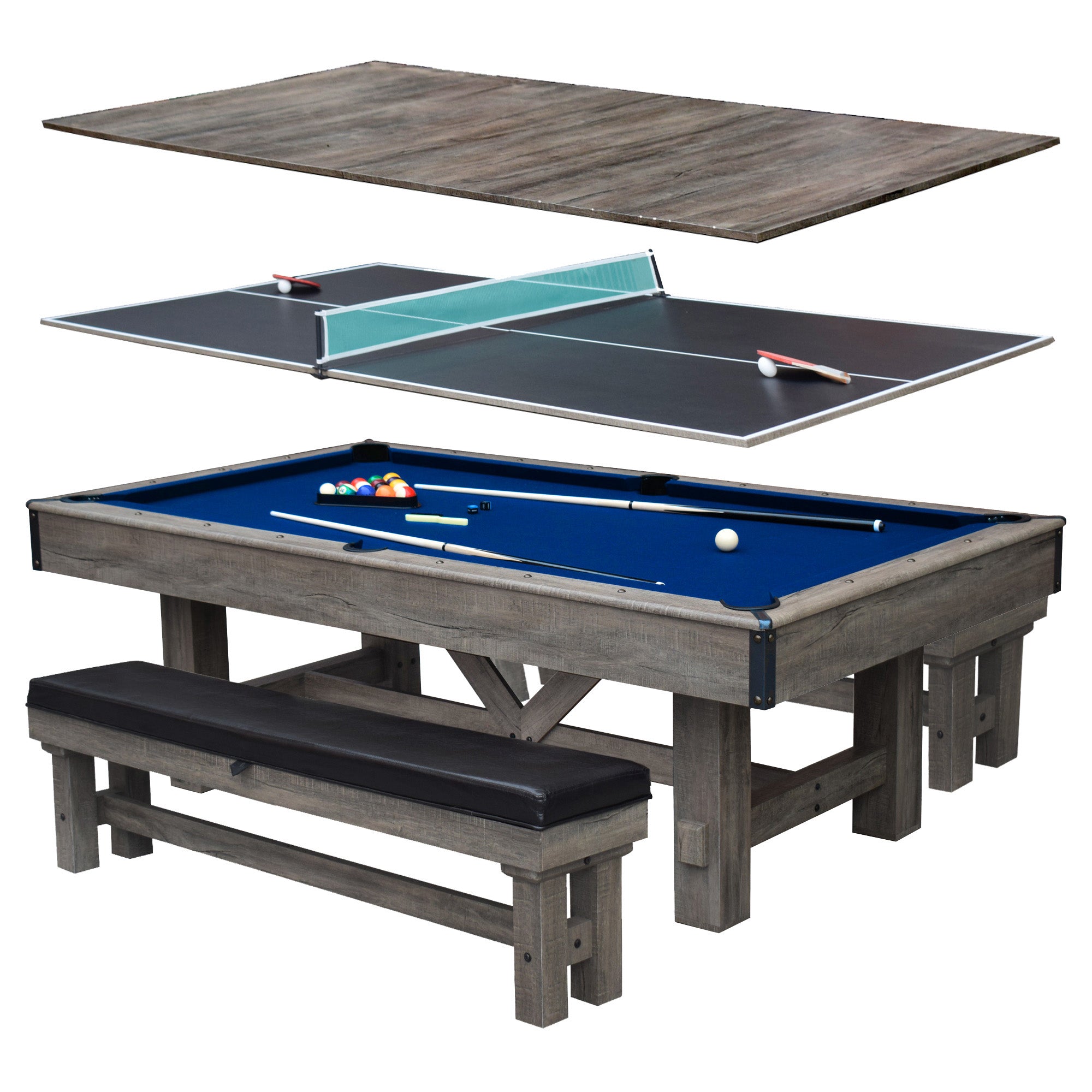 Logan 7-ft Pool Table Combo Set with Benches - Rustic Gray with Blue Felt - image 2