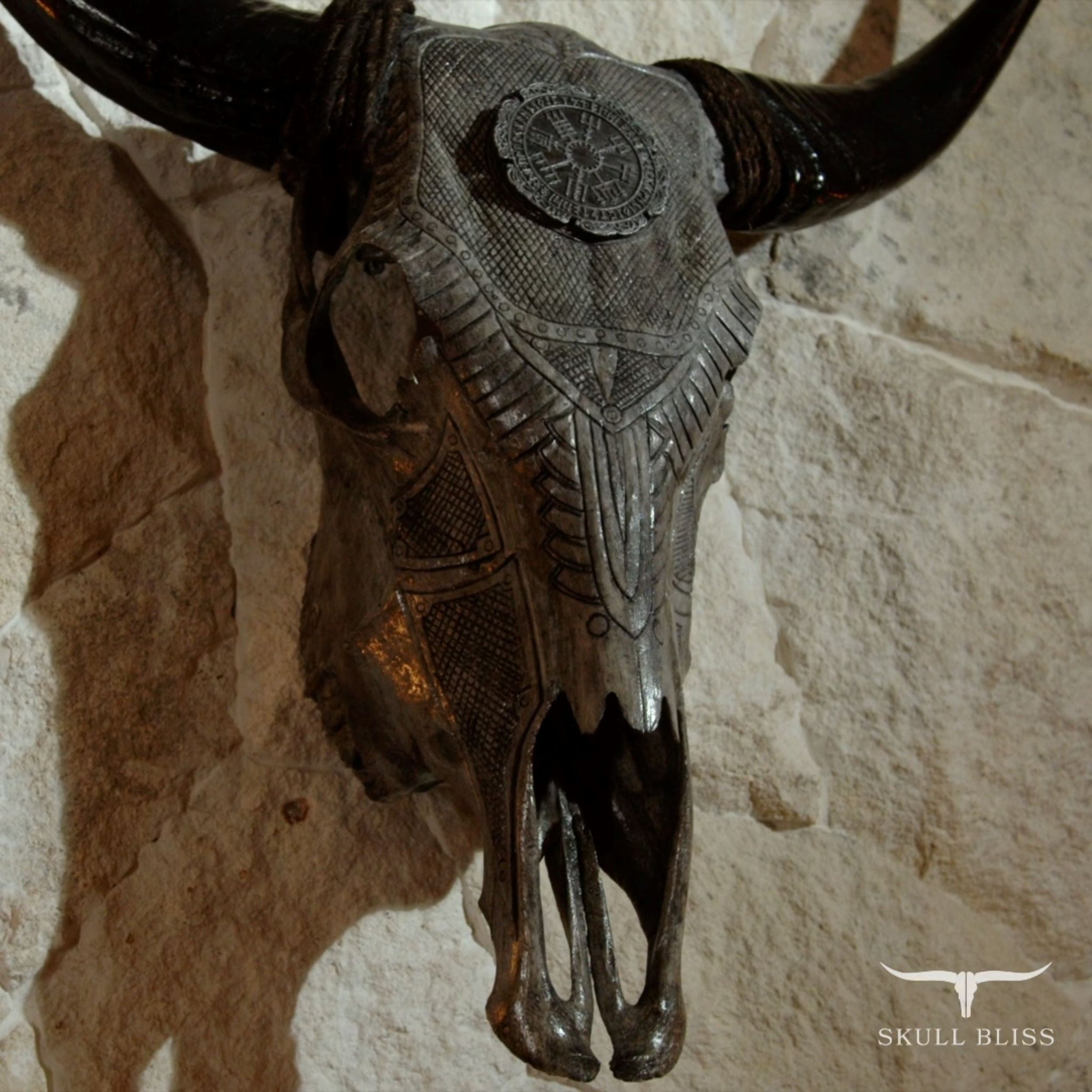 Hand Carved Cow Skull - Gray Nordic Compass