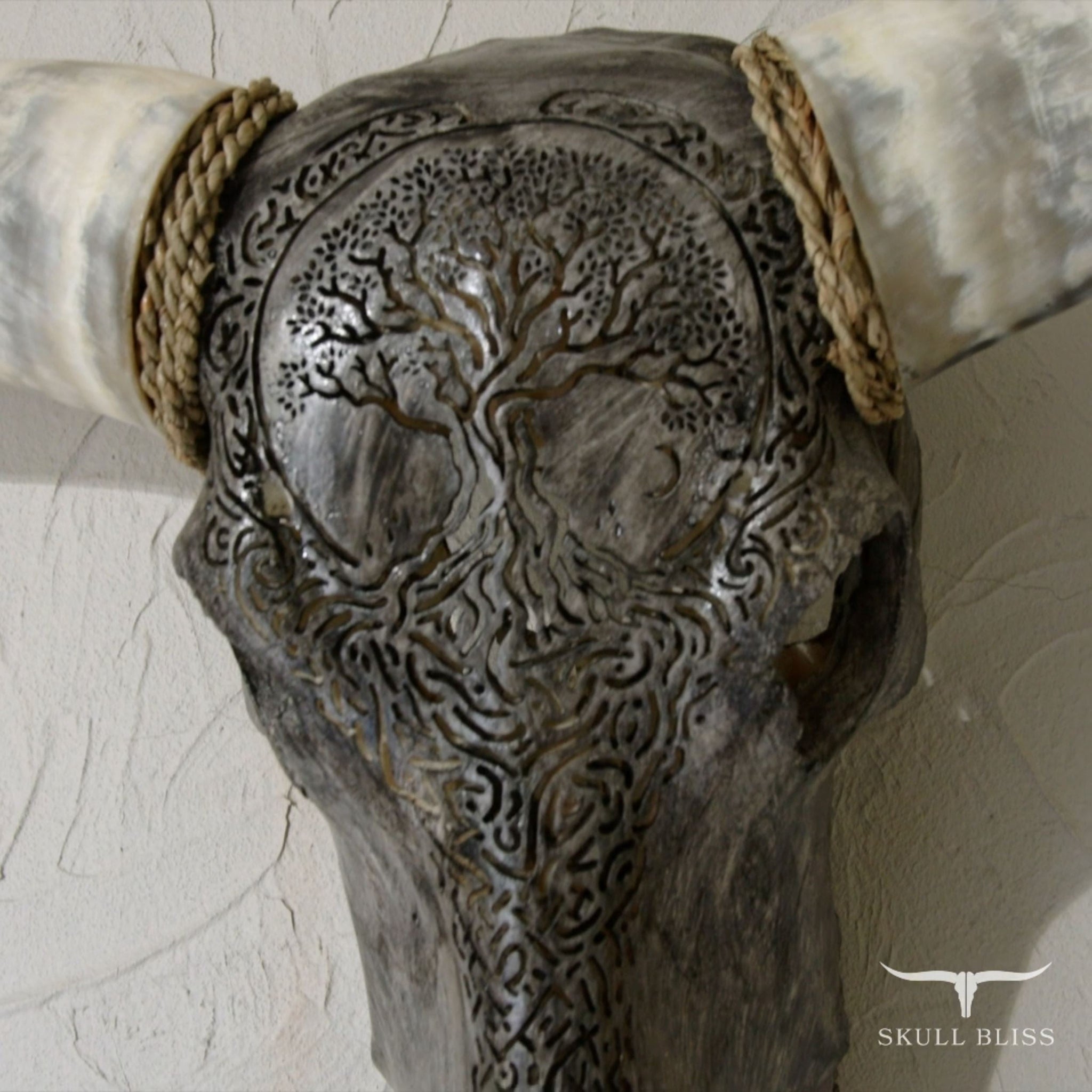 Hand Carved Longhorn Skull - Gray Yggdrasil